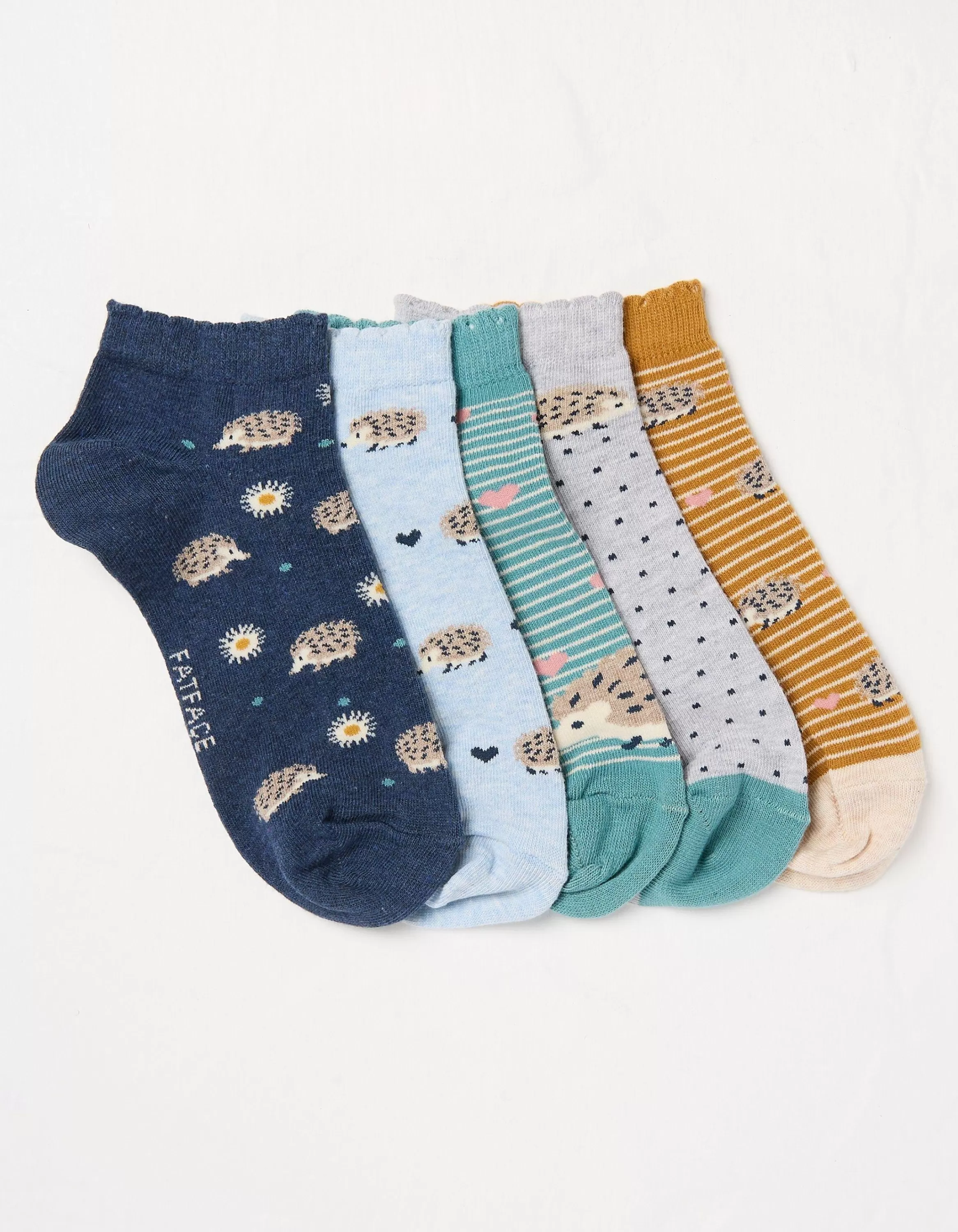 New FatFace 5 Pack Hedgehog Trainer Socks Multi