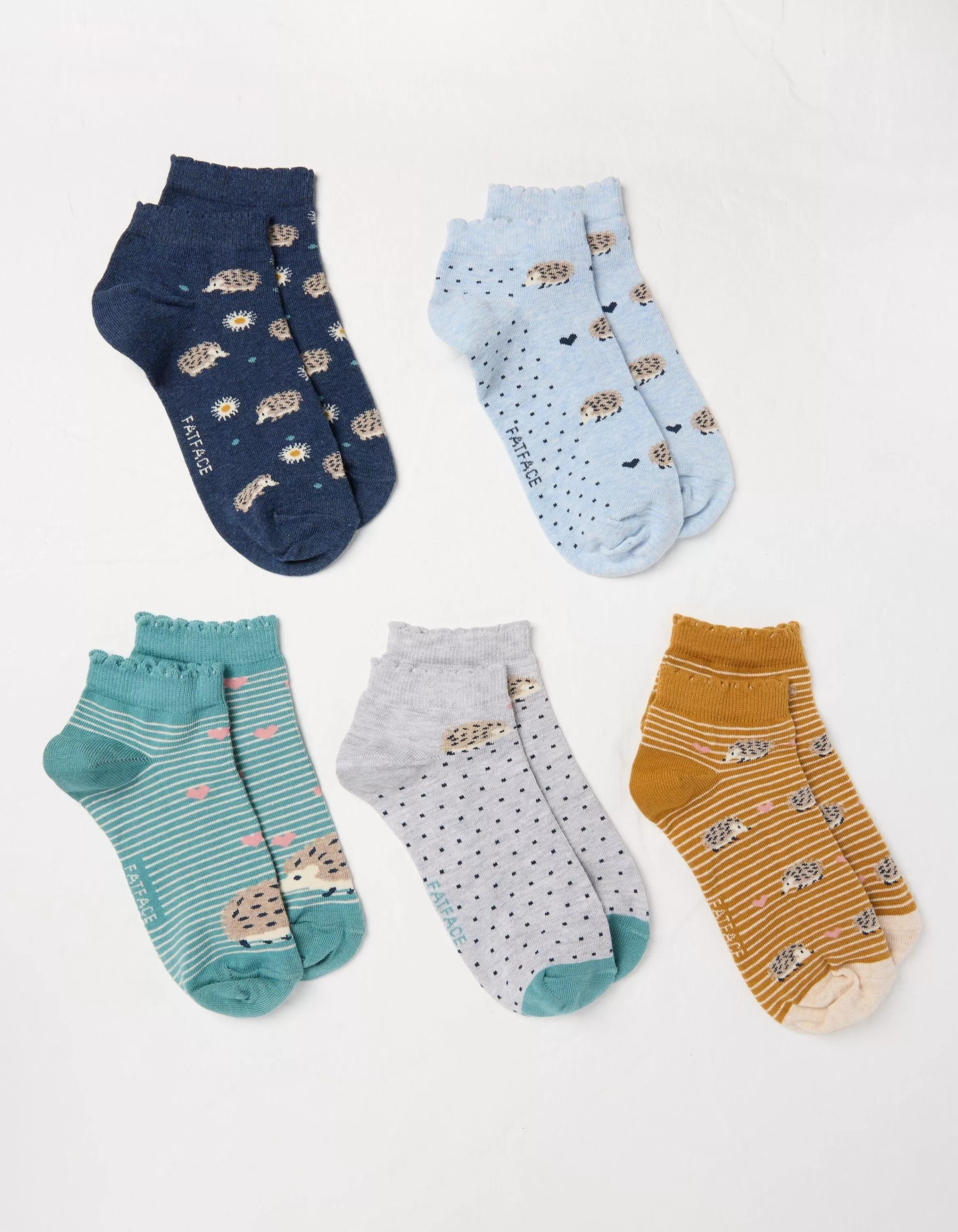 New FatFace 5 Pack Hedgehog Trainer Socks Multi