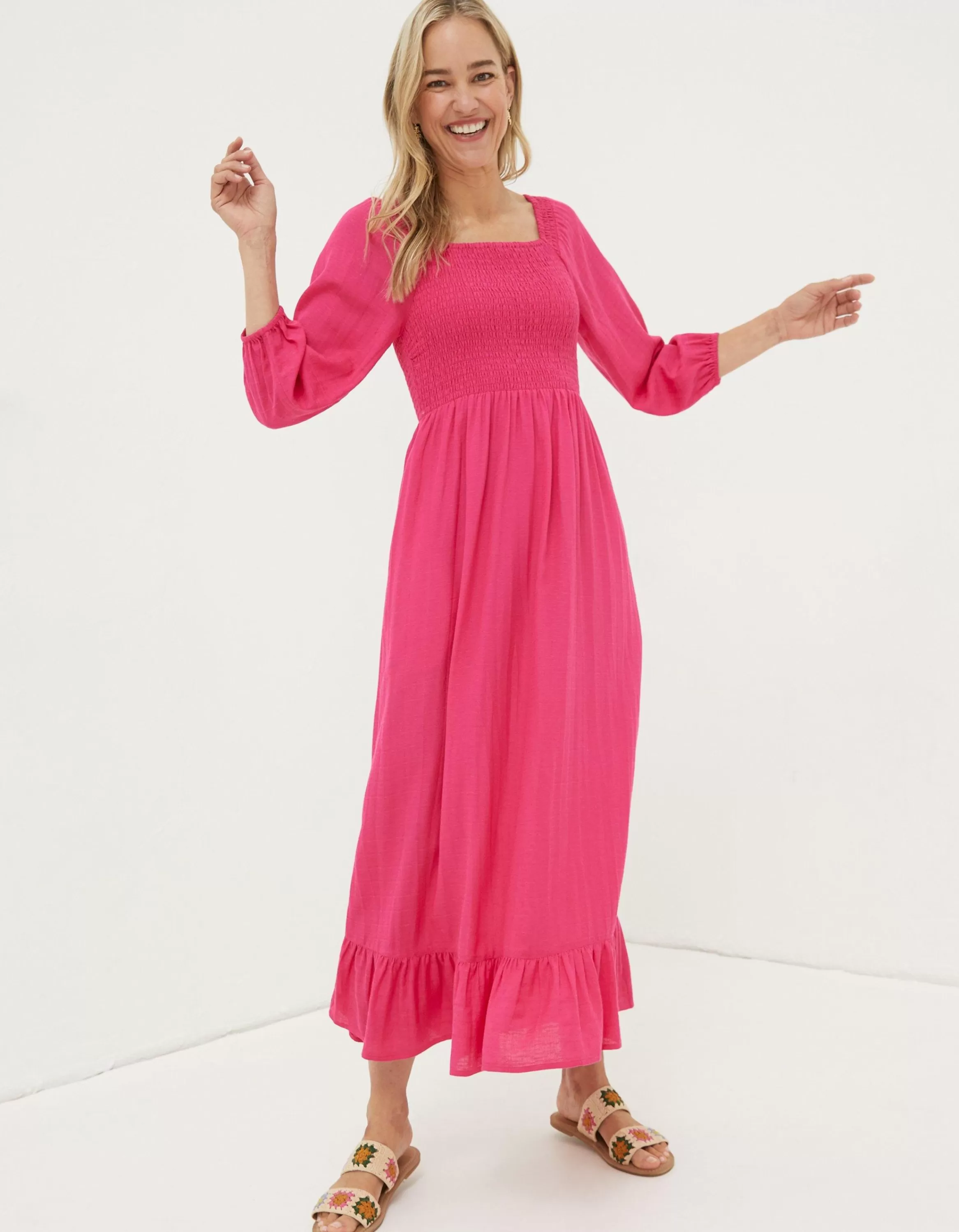 Cheap FatFace Adele Shirred Midi Dress Bright Pink