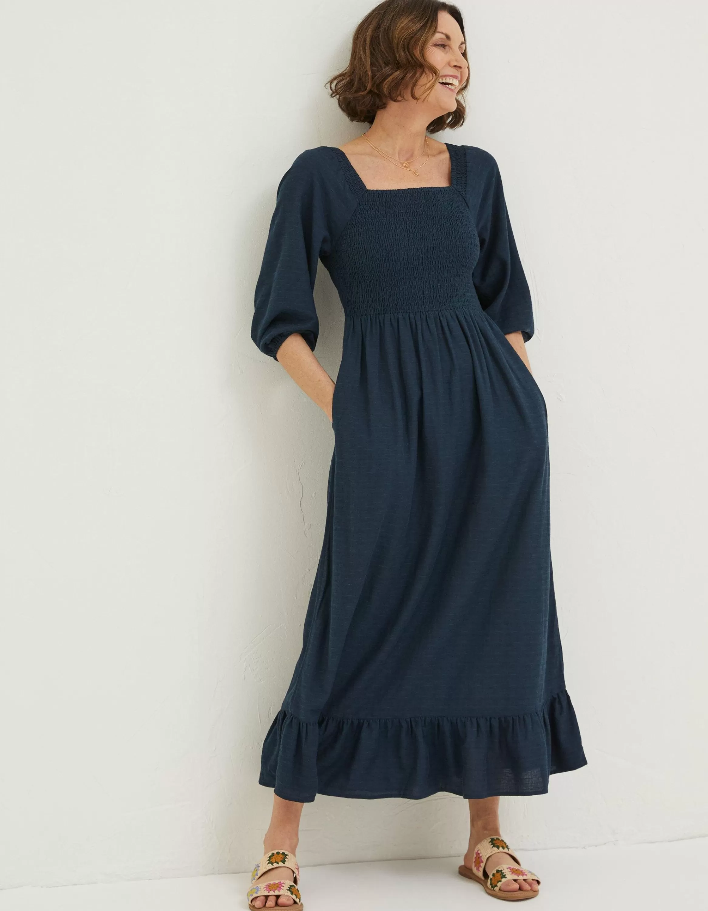 Discount FatFace Adele Shirred Midi Dress Navy