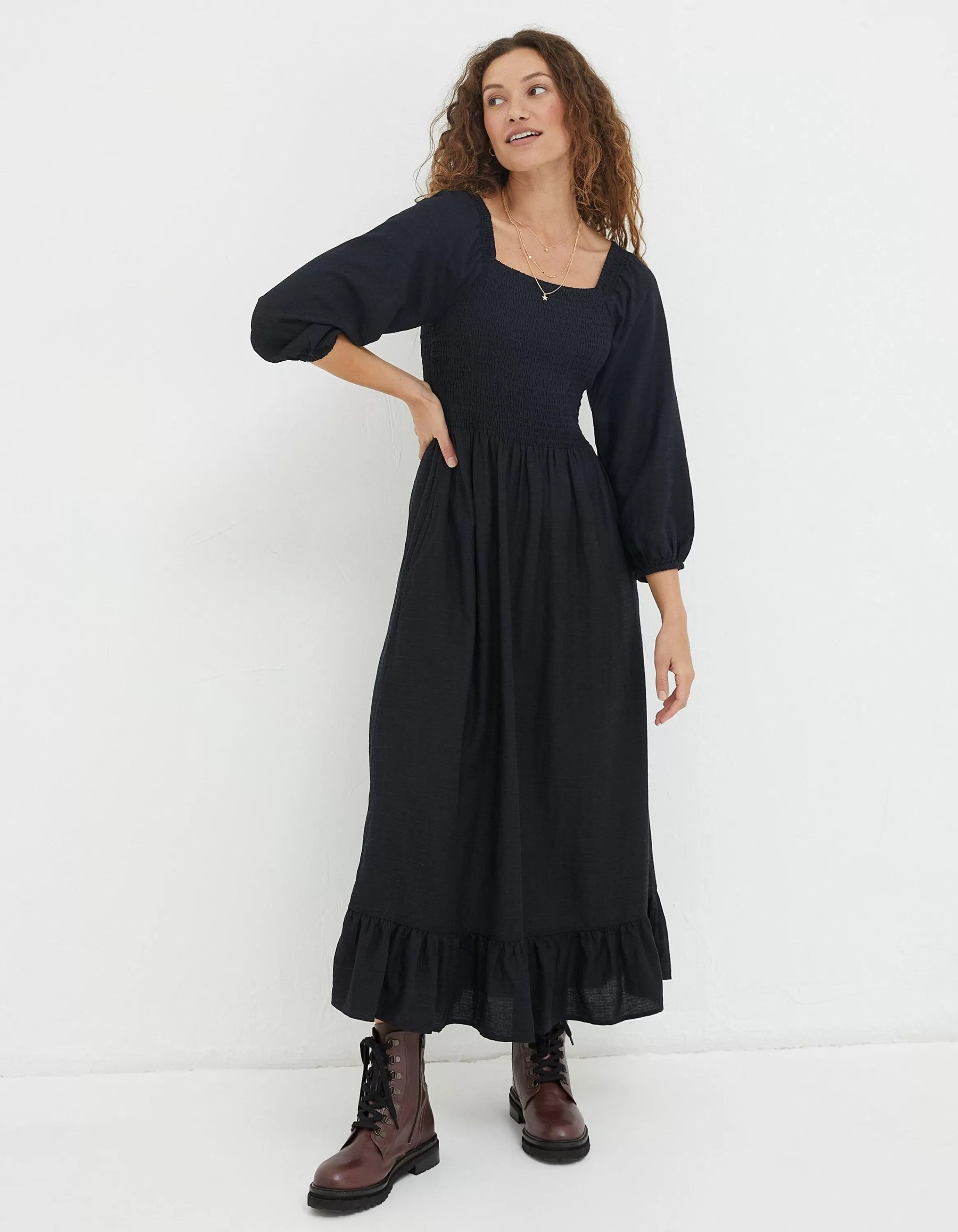 Best Sale FatFace Adele Shirred Midi Dress Black