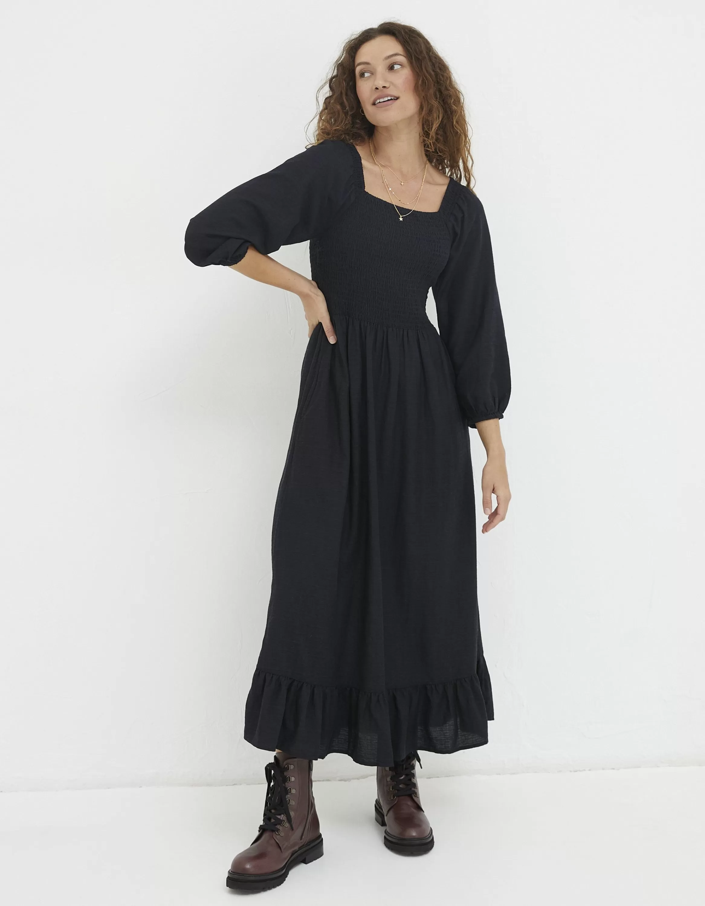 Online FatFace Adele Shirred Midi Dress Black