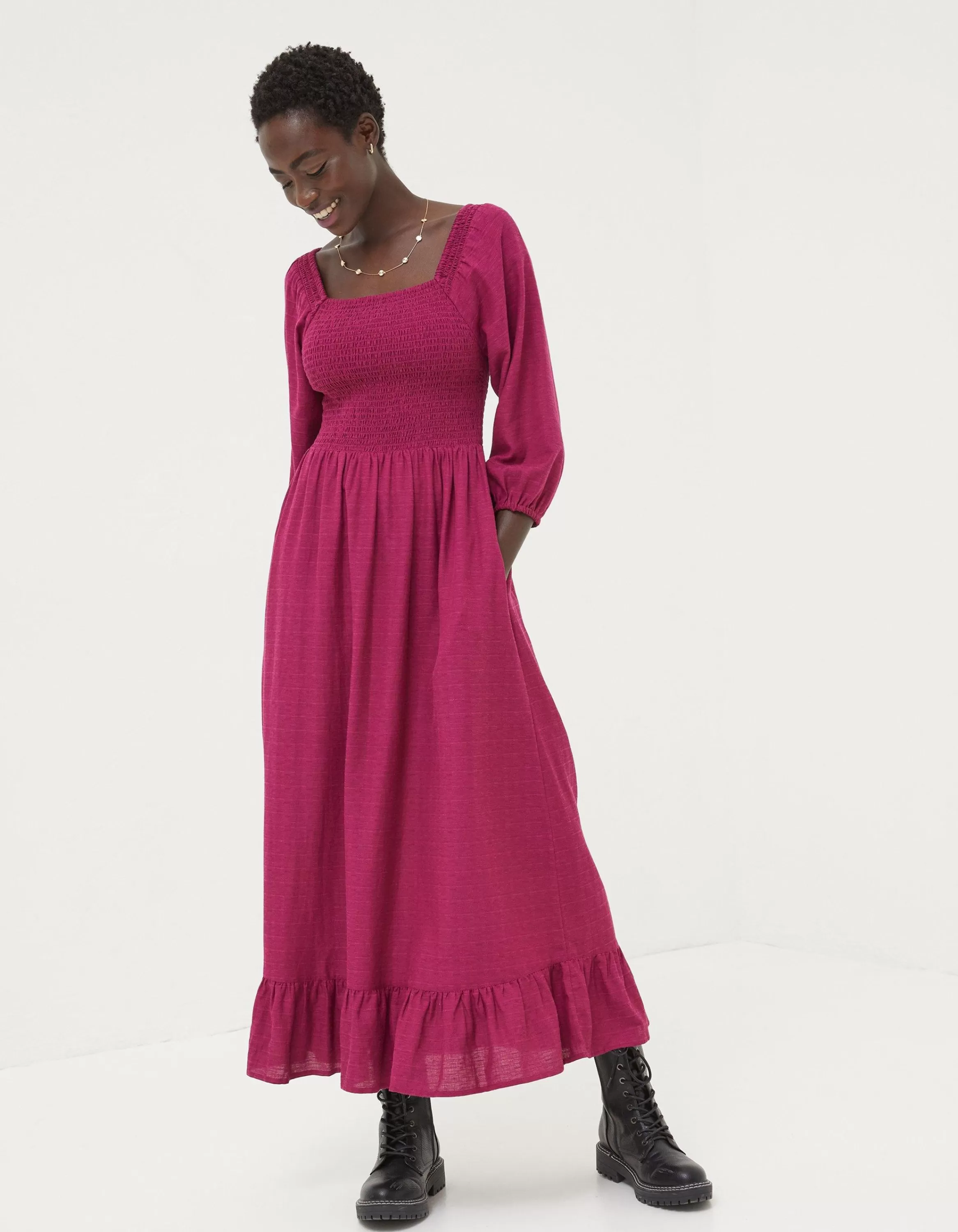 New FatFace Adele Shirred Midi Dress Plum