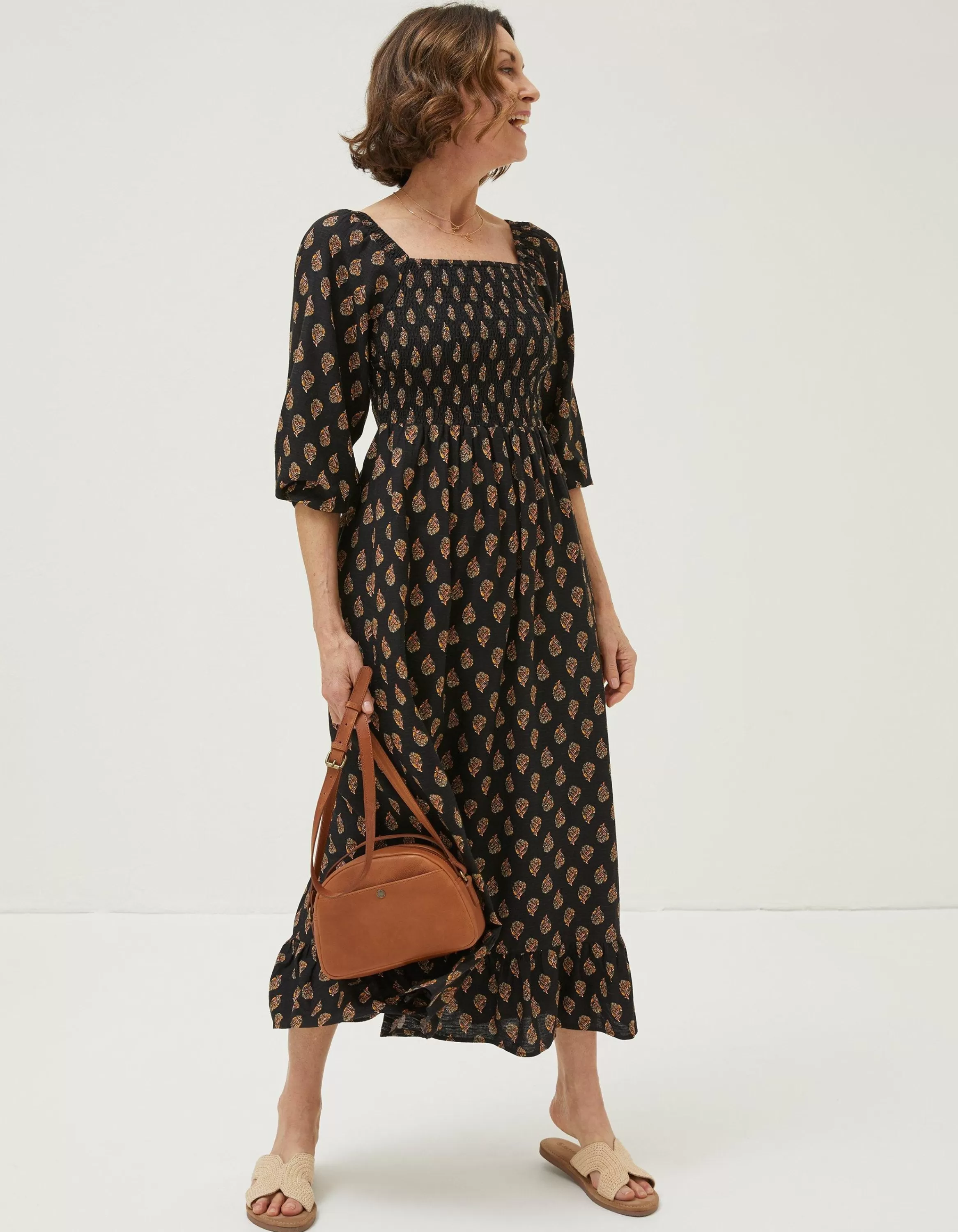 New FatFace Adele Woodblock Midi Dress Black