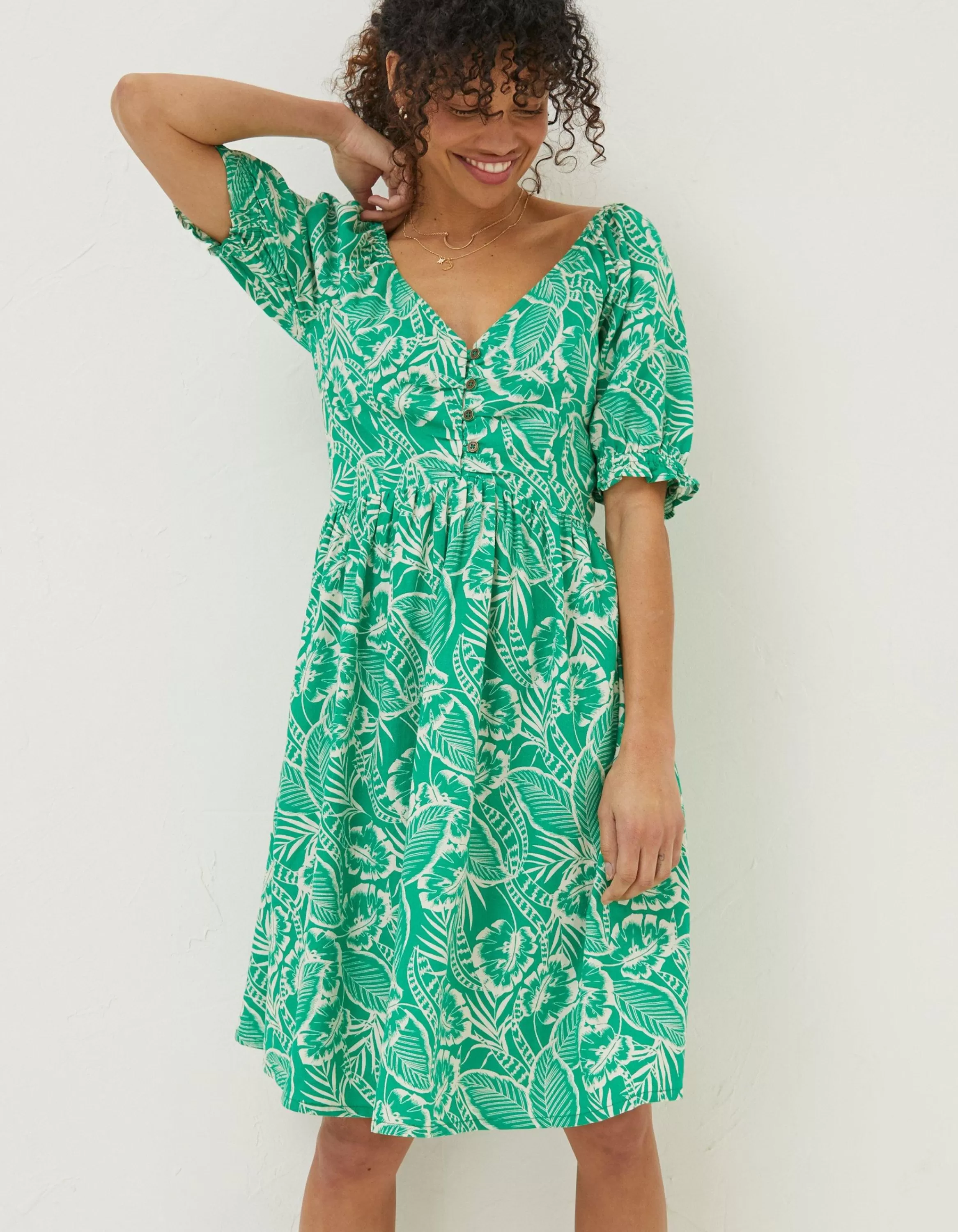 Shop FatFace Aideen Linen Blend Leaf Dress Bright Green