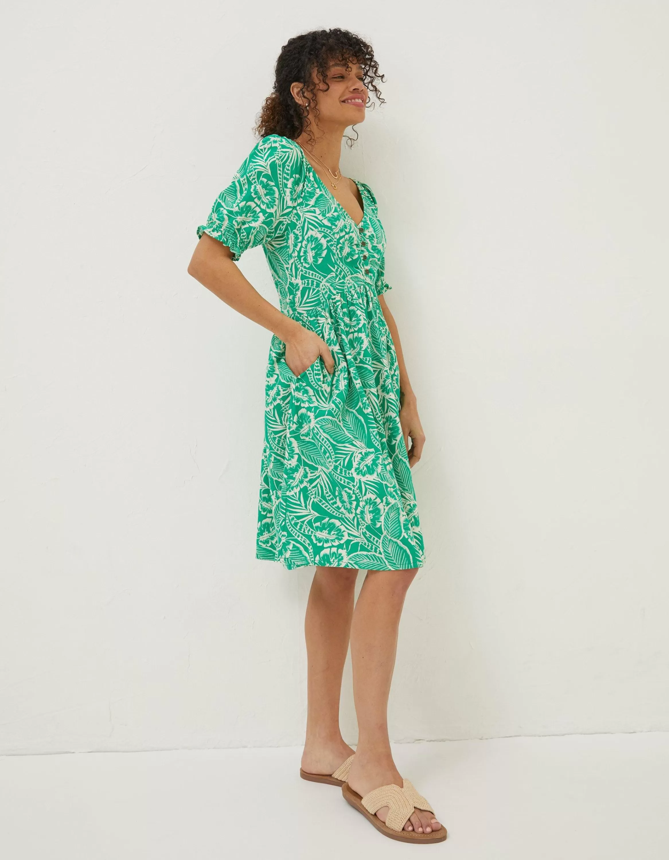 Shop FatFace Aideen Linen Blend Leaf Dress Bright Green