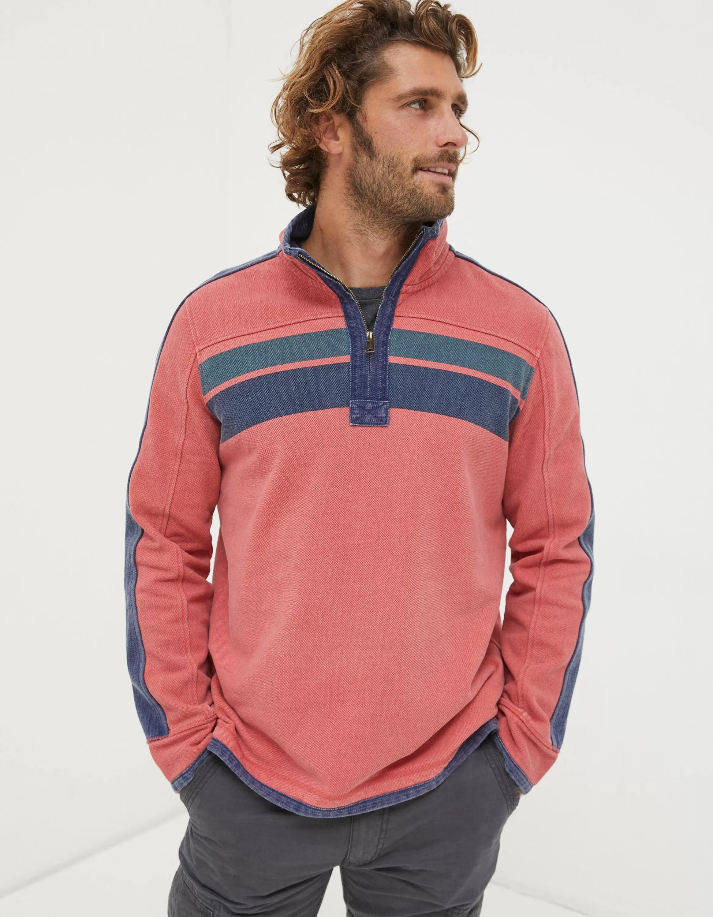 Cheap FatFace Airlie Yoke Stripe Sweatshirt Coral Pink