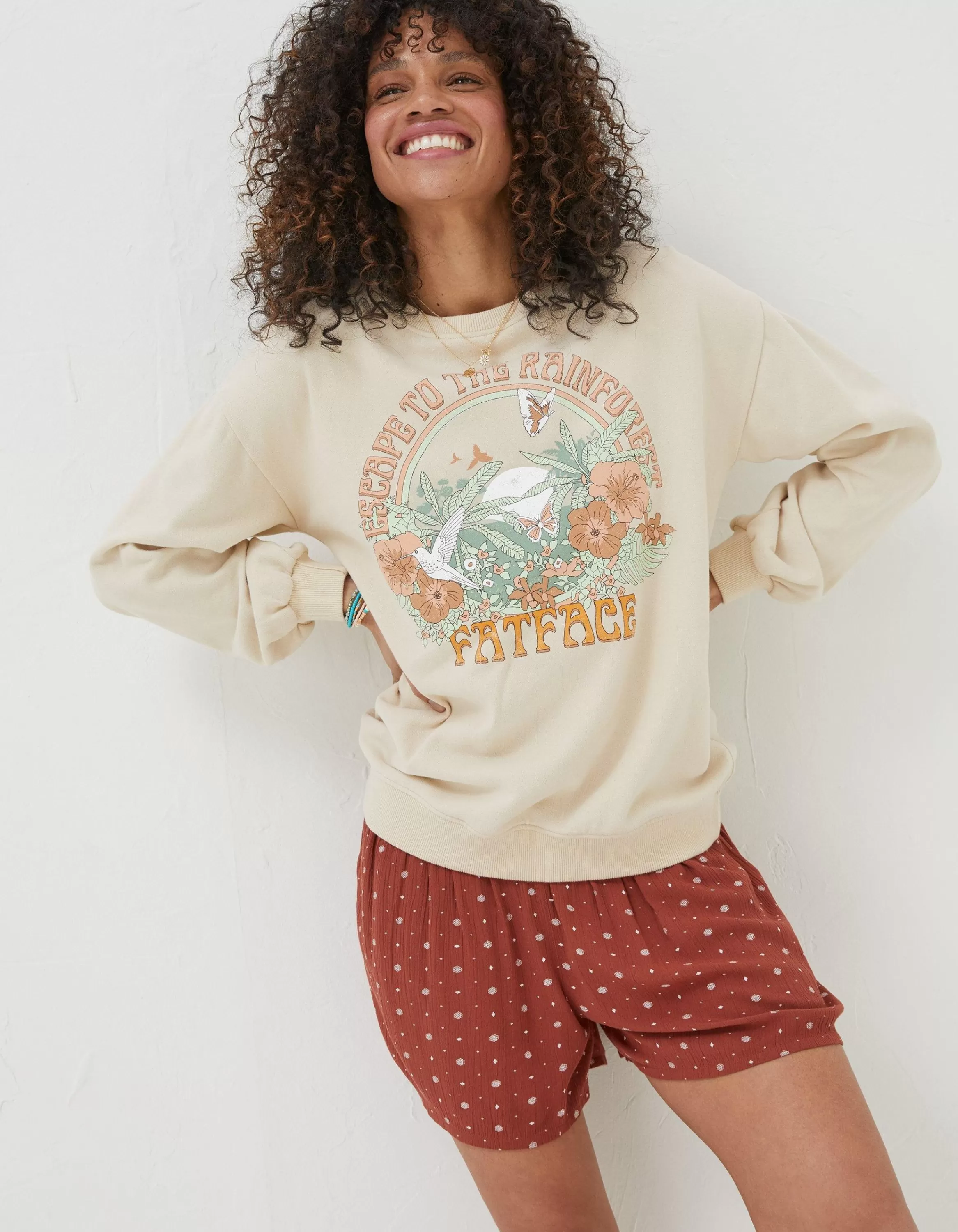 Hot FatFace Alex Rainforest Crew Sweatshirt Ivory