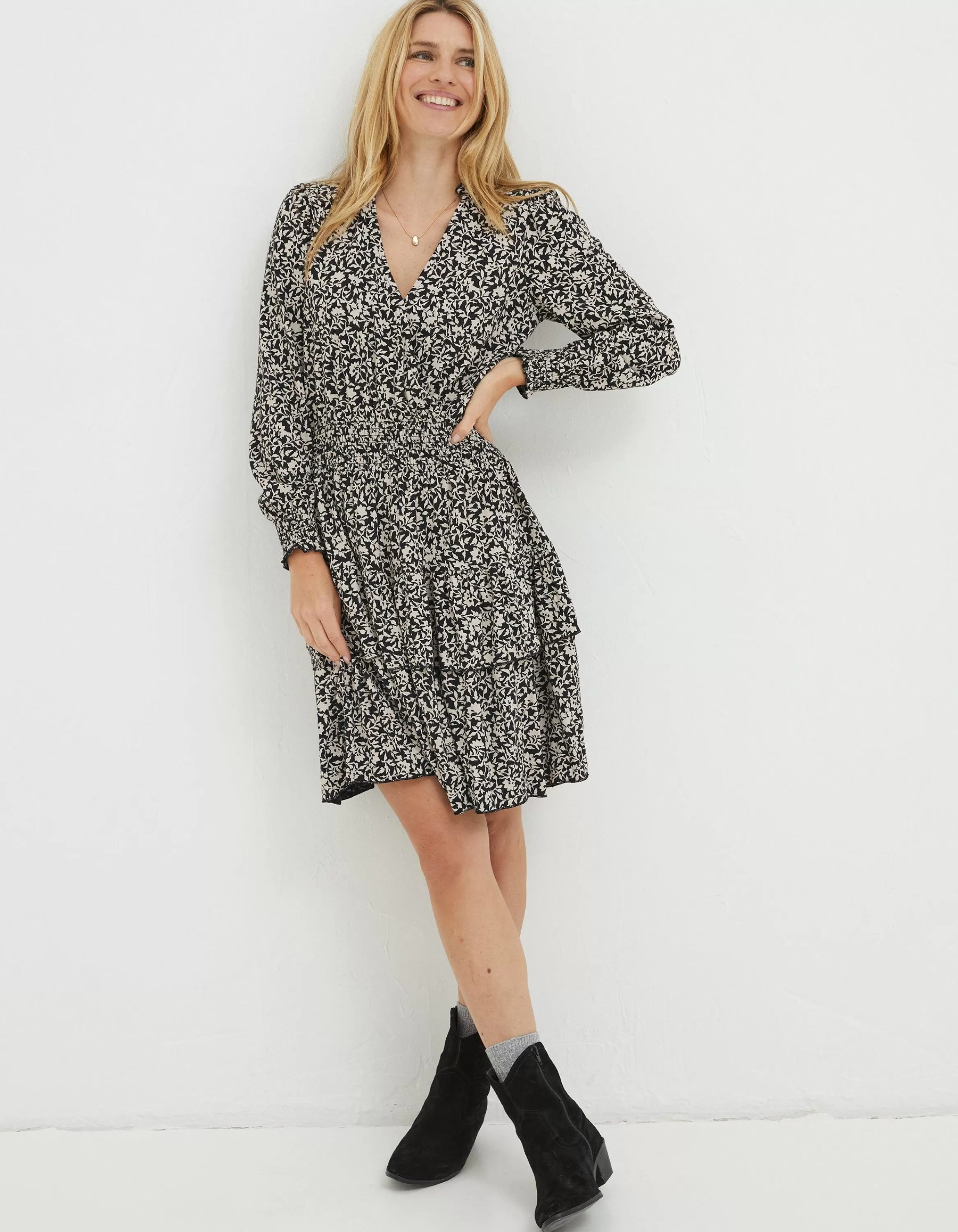 Clearance FatFace Amba Mono Vines Jersey Dress Black