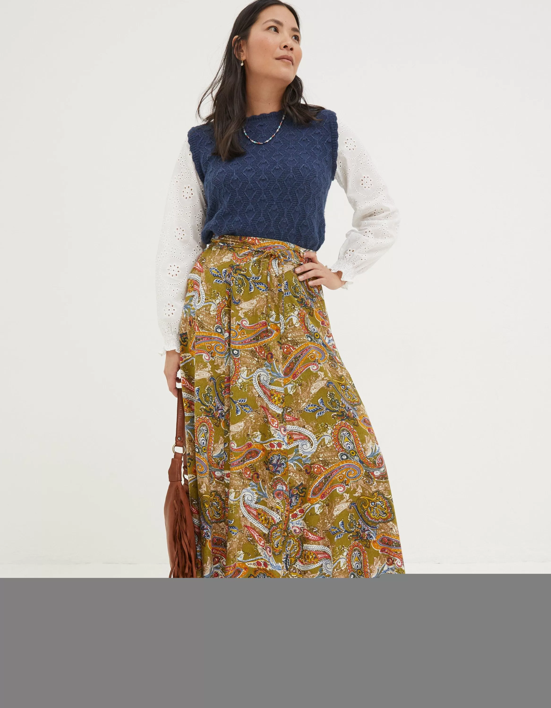 New FatFace Amelie Prairie Paisley Midi Skirt Light Olive