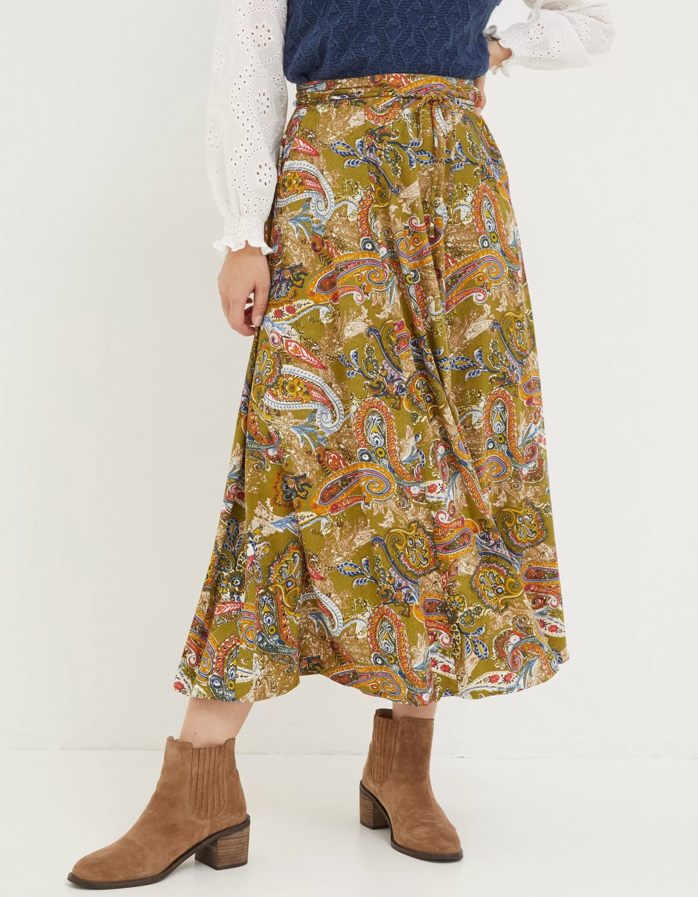 New FatFace Amelie Prairie Paisley Midi Skirt Light Olive