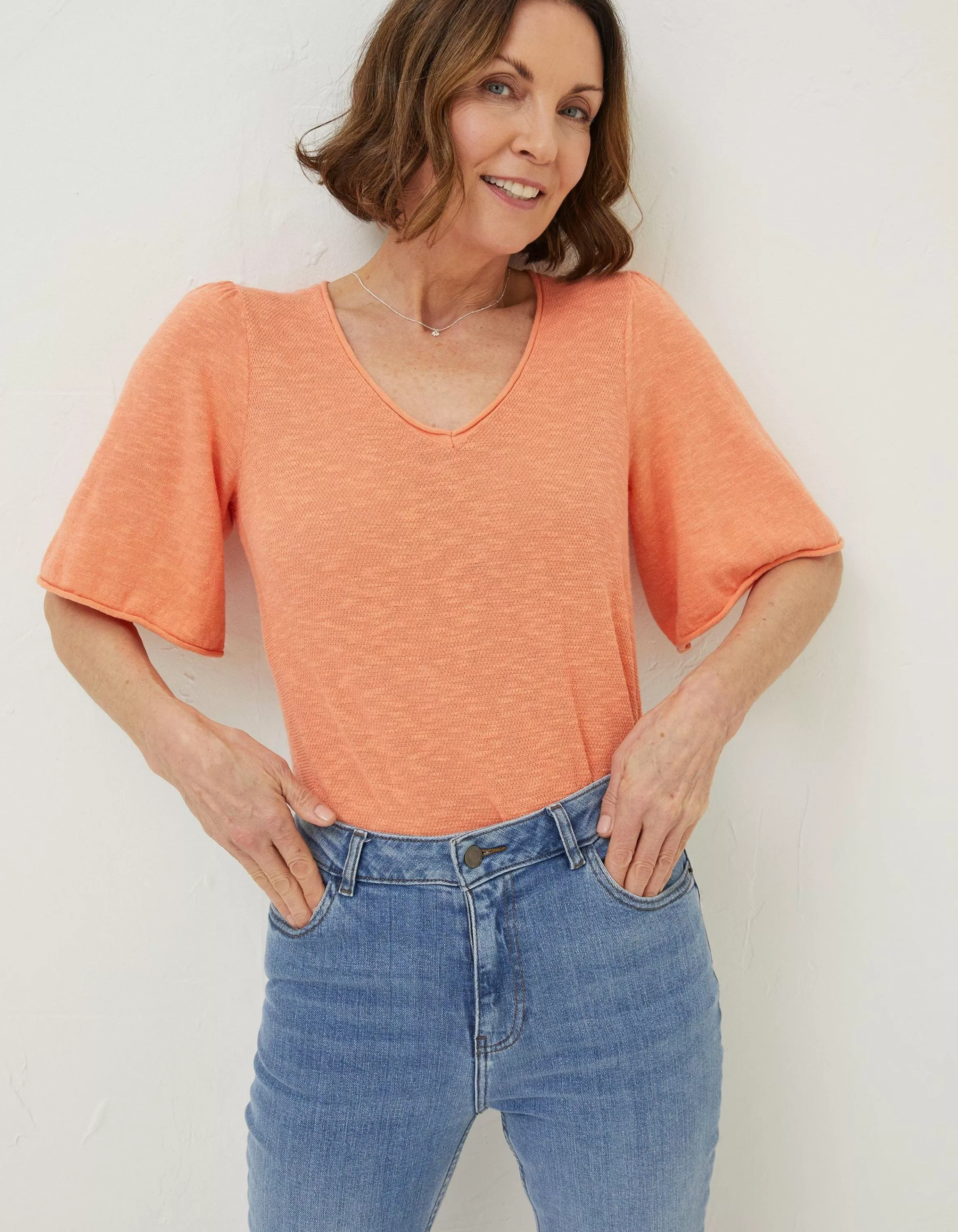 Outlet FatFace Angela V Neck Knitted Top Orange