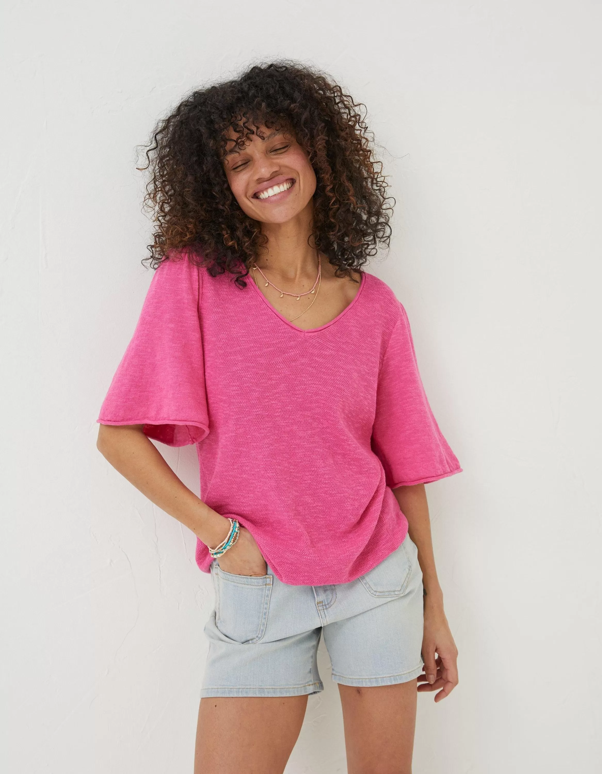 Flash Sale FatFace Angela V Neck Knitted Top Bright Pink