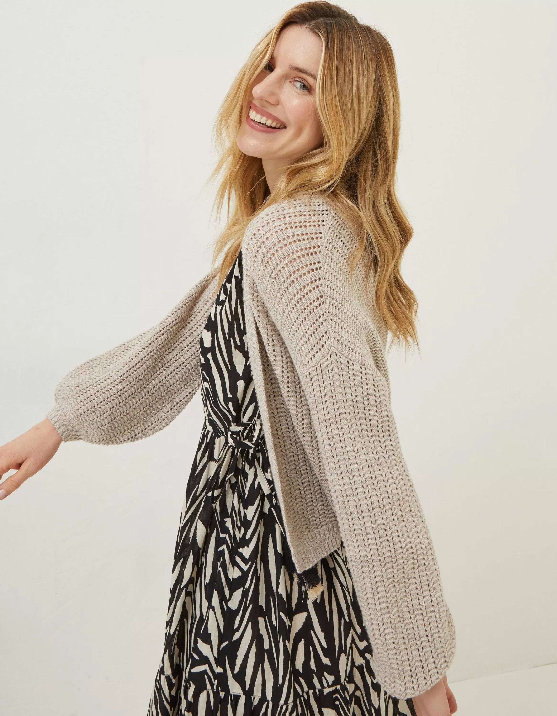 Clearance FatFace Anna Crochet Cardigan Light Stone