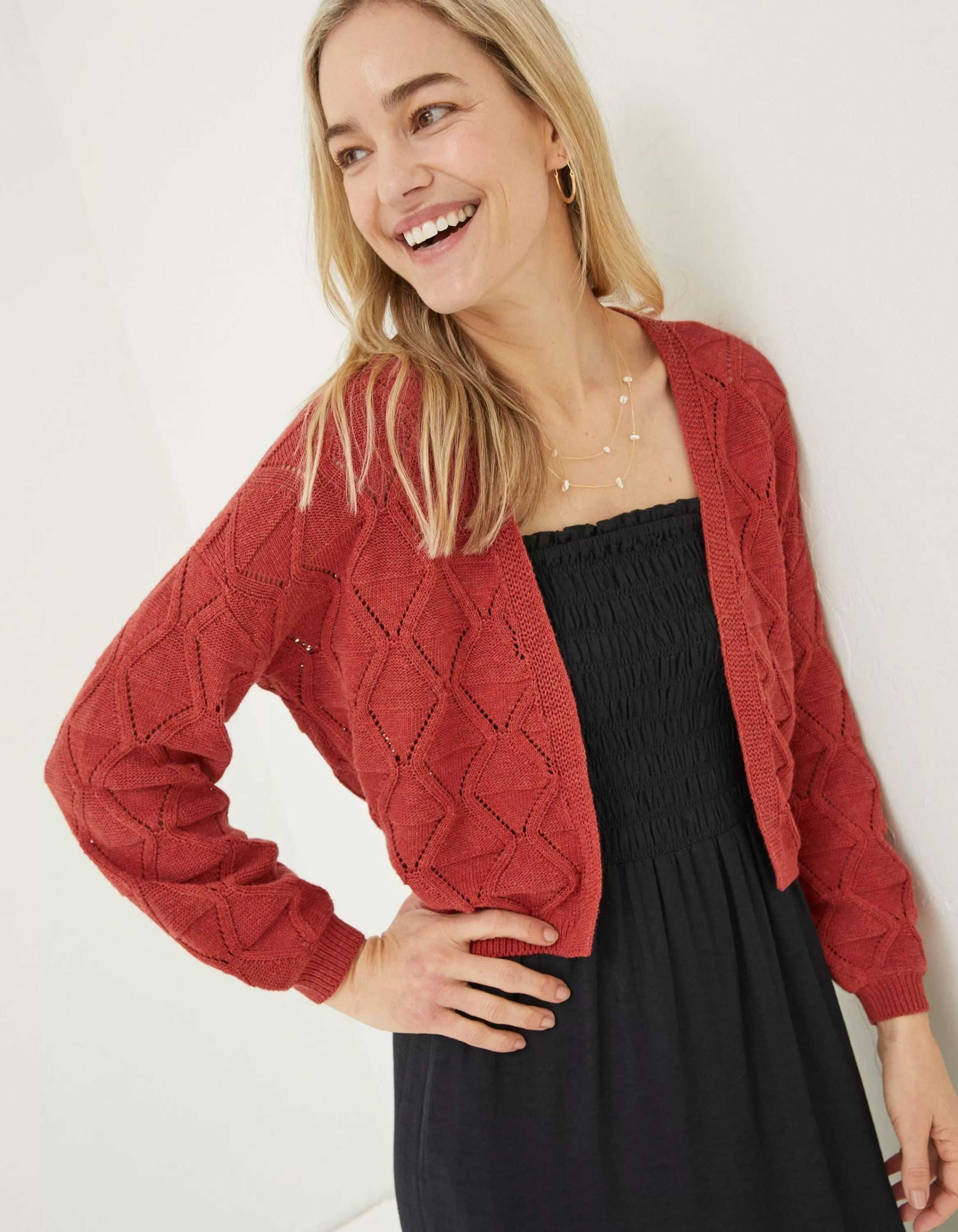 Cheap FatFace Anna Pointelle Cardigan Rust Red