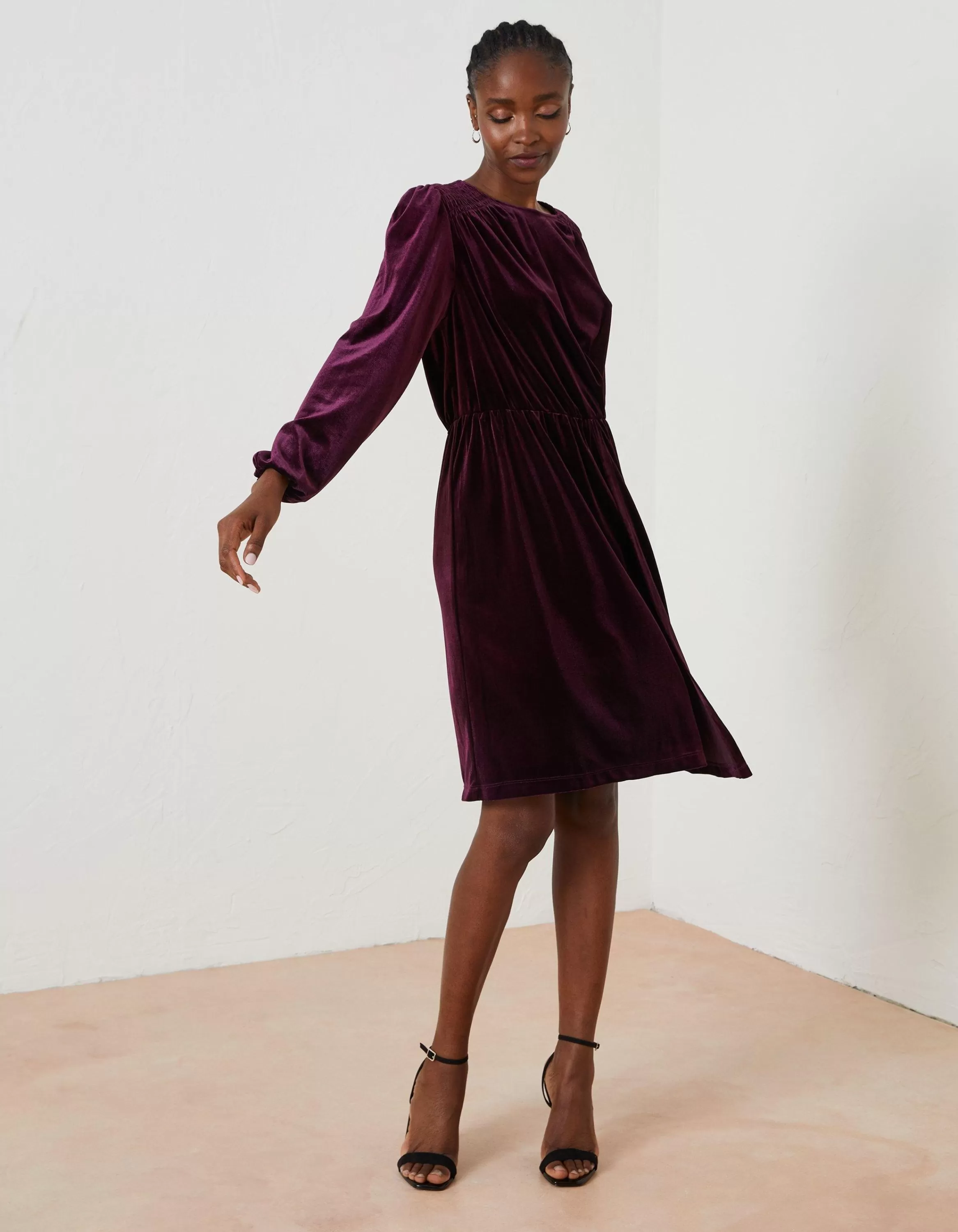 New FatFace Annie Velvet Dress Dark Plum