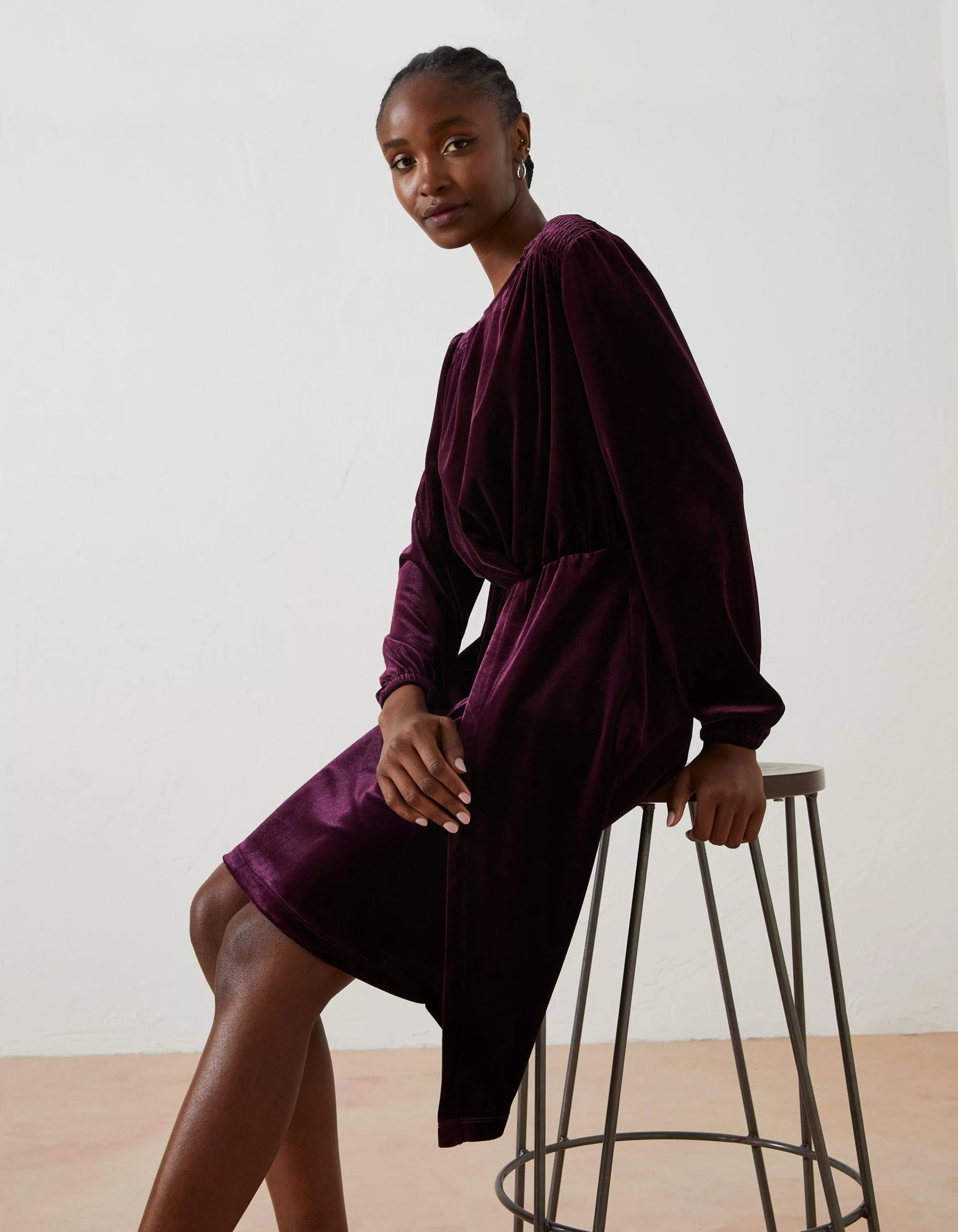 New FatFace Annie Velvet Dress Dark Plum