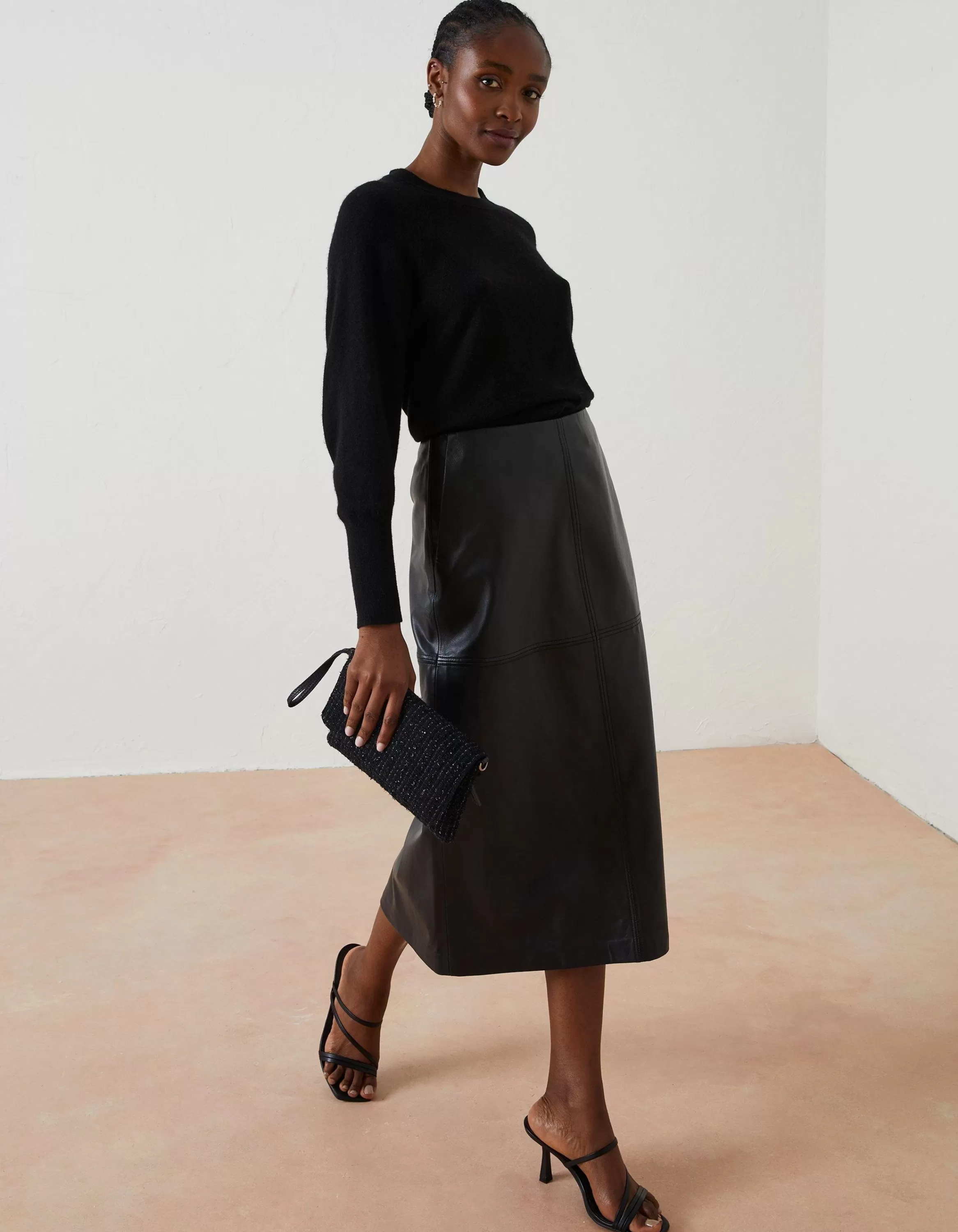 Outlet FatFace Anya Leather Midi Skirt Black