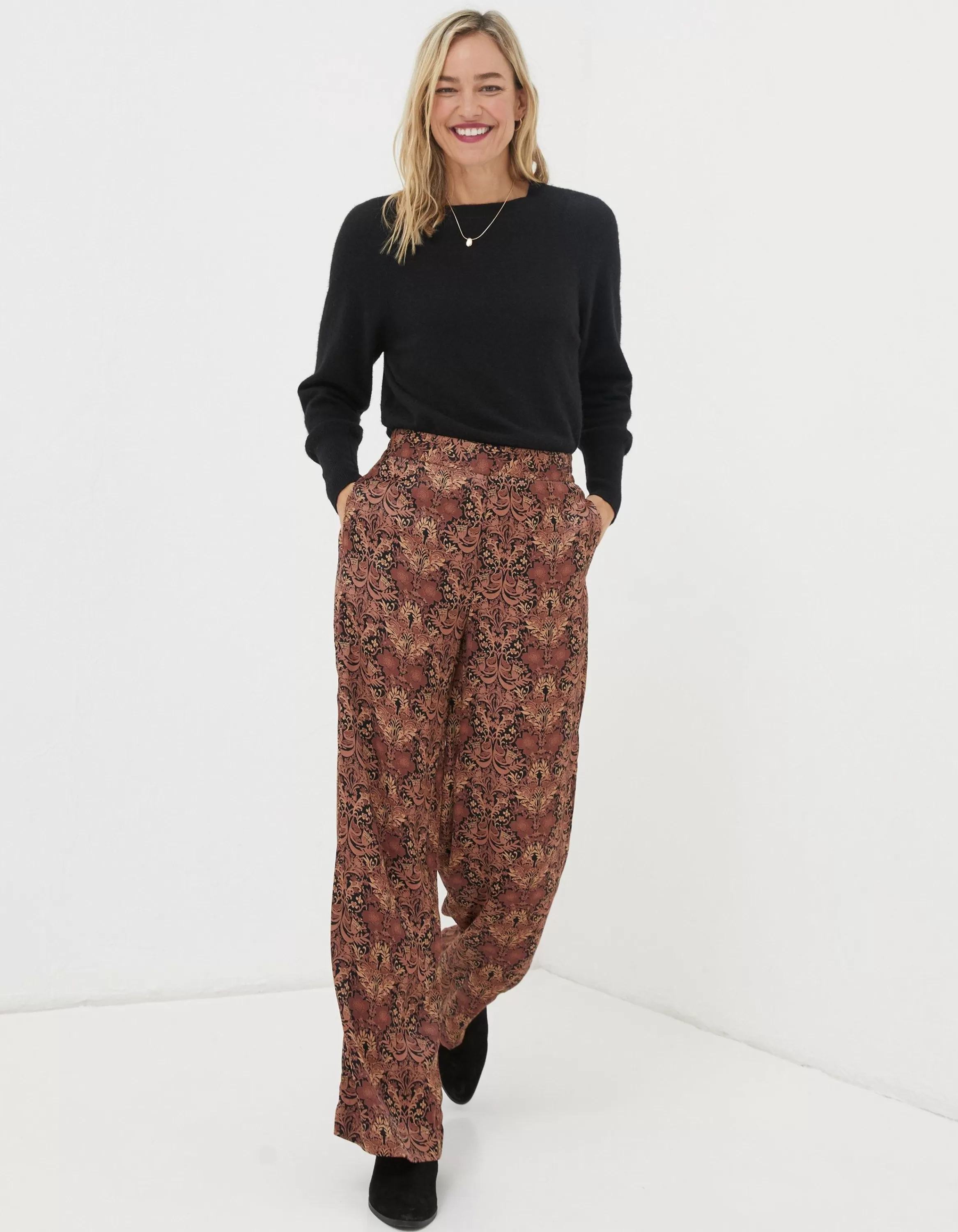 Cheap FatFace Art Floral Satin Printed Trousers Black