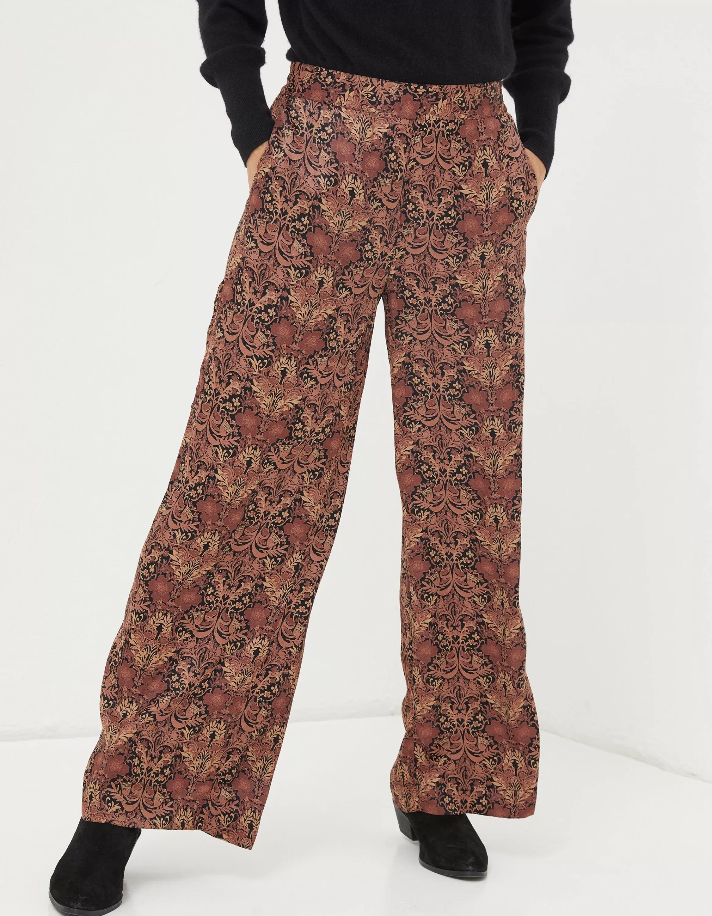 Cheap FatFace Art Floral Satin Printed Trousers Black