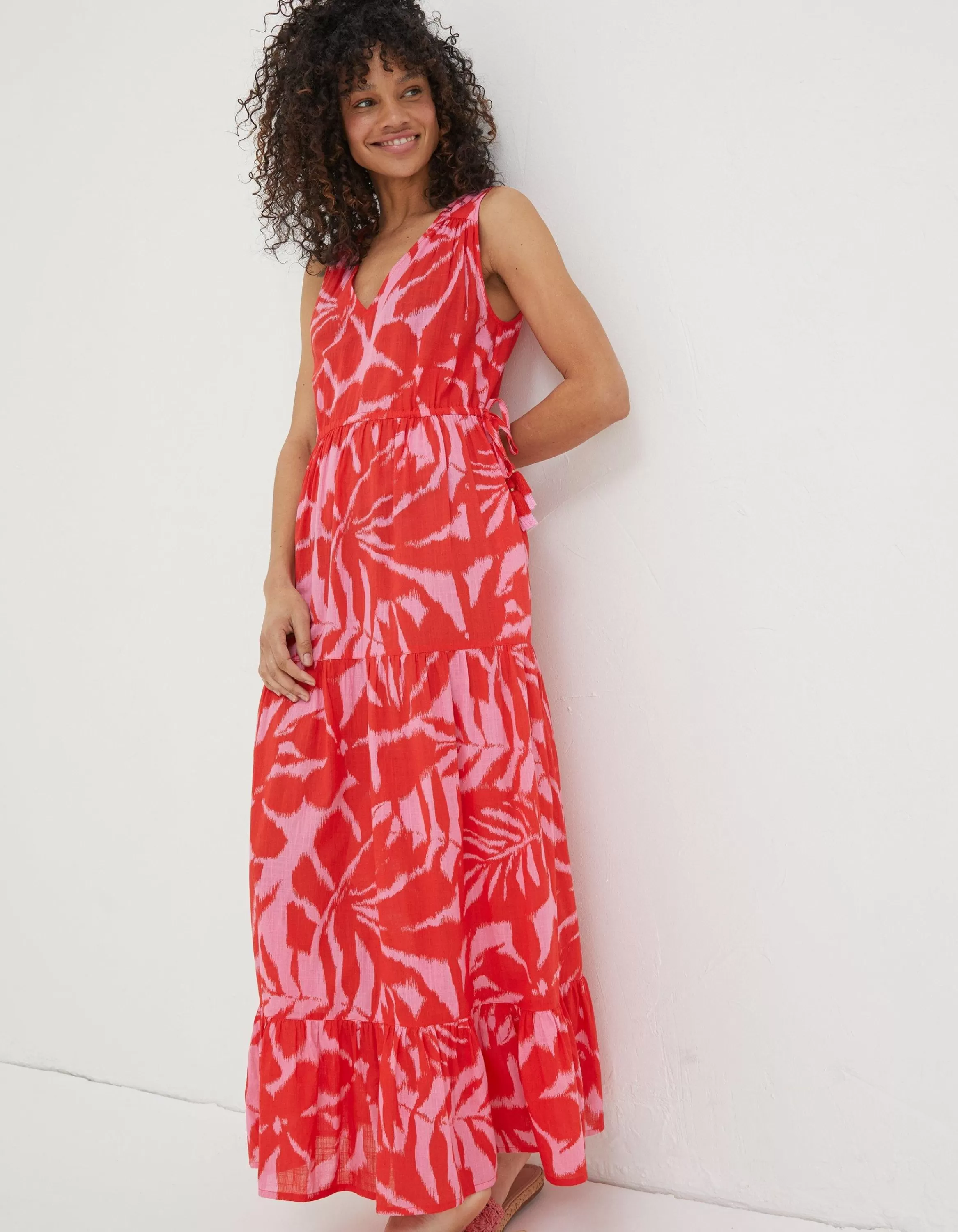 Cheap FatFace Avery Ikat Leaves Midi Dress Bright Red