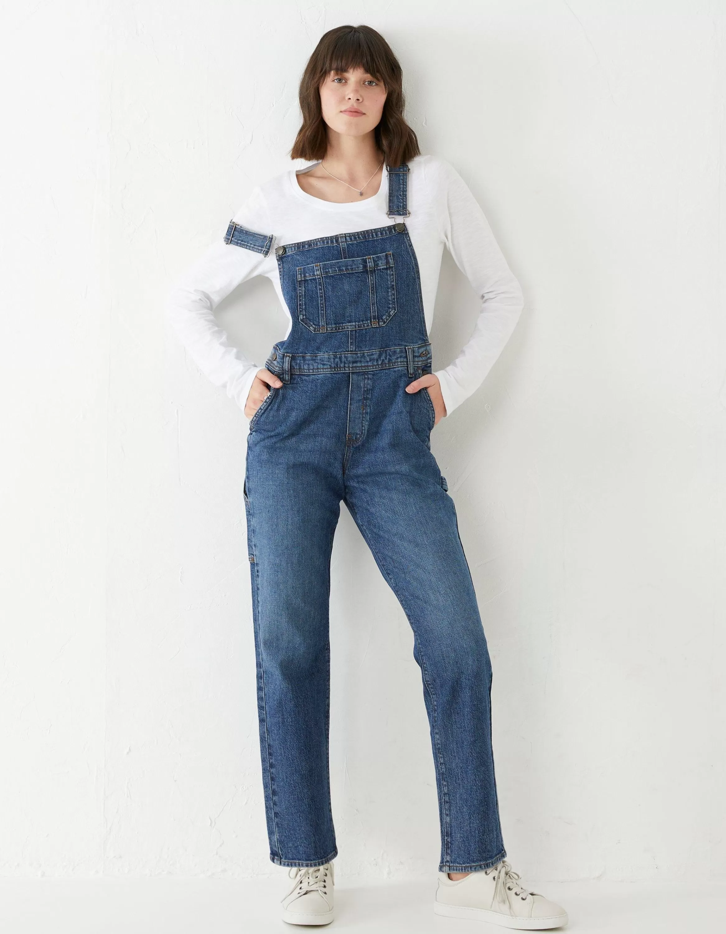 Online FatFace Banbury Straight Leg Denim Dungarees Mid Blue