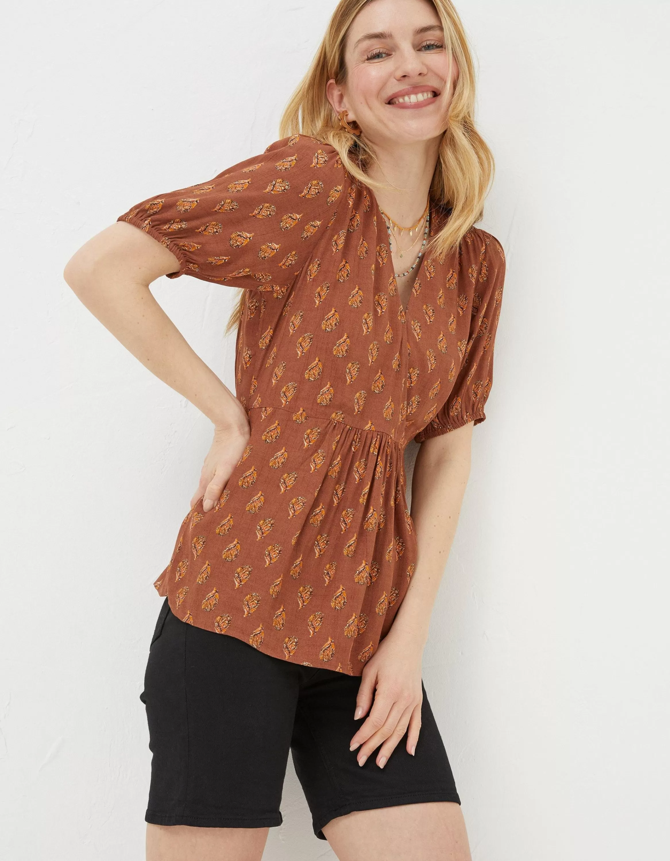 Outlet FatFace Bella Woodblock Blouse Tan