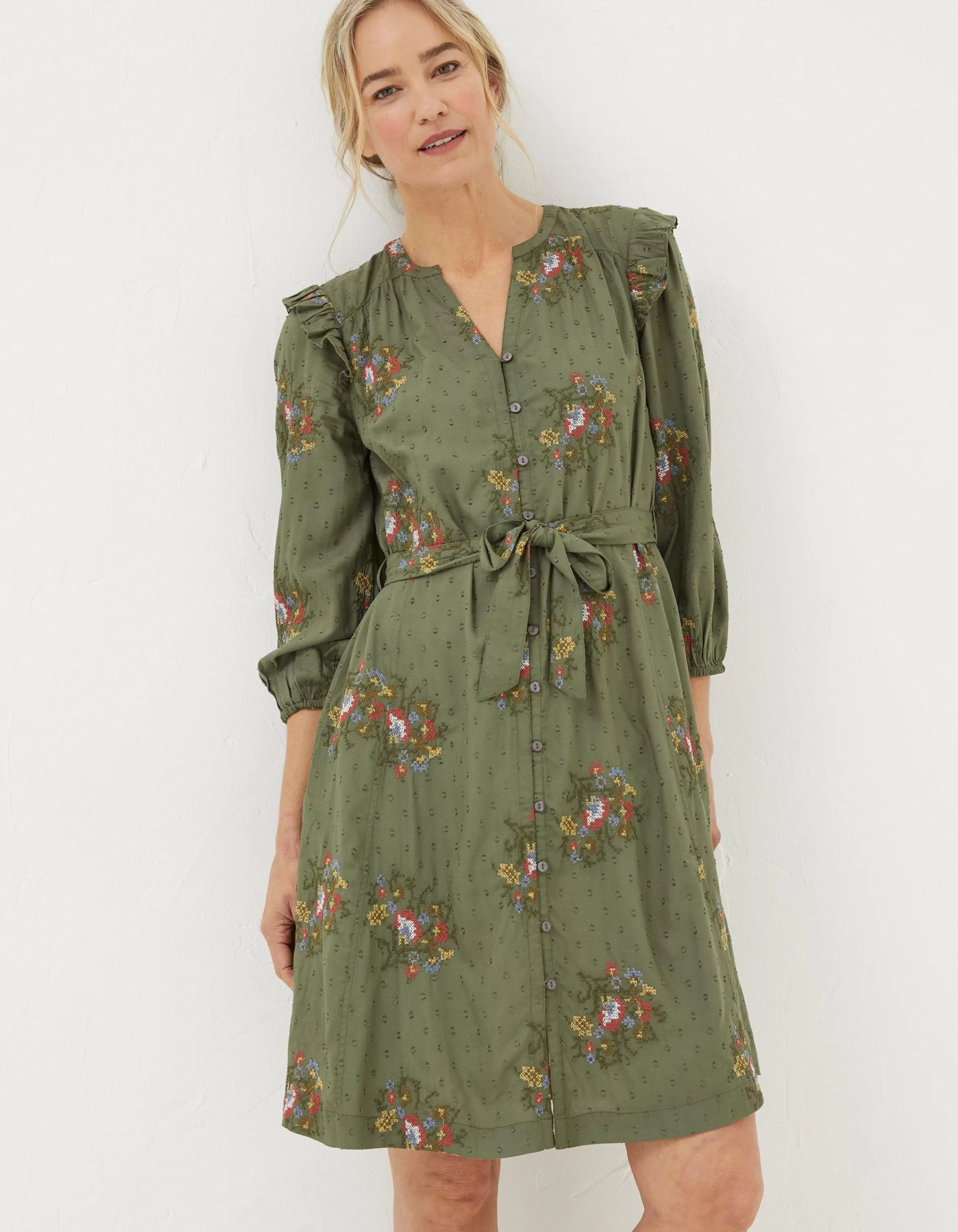 Best FatFace Bernie Embroidered Shirt Dress Light Olive