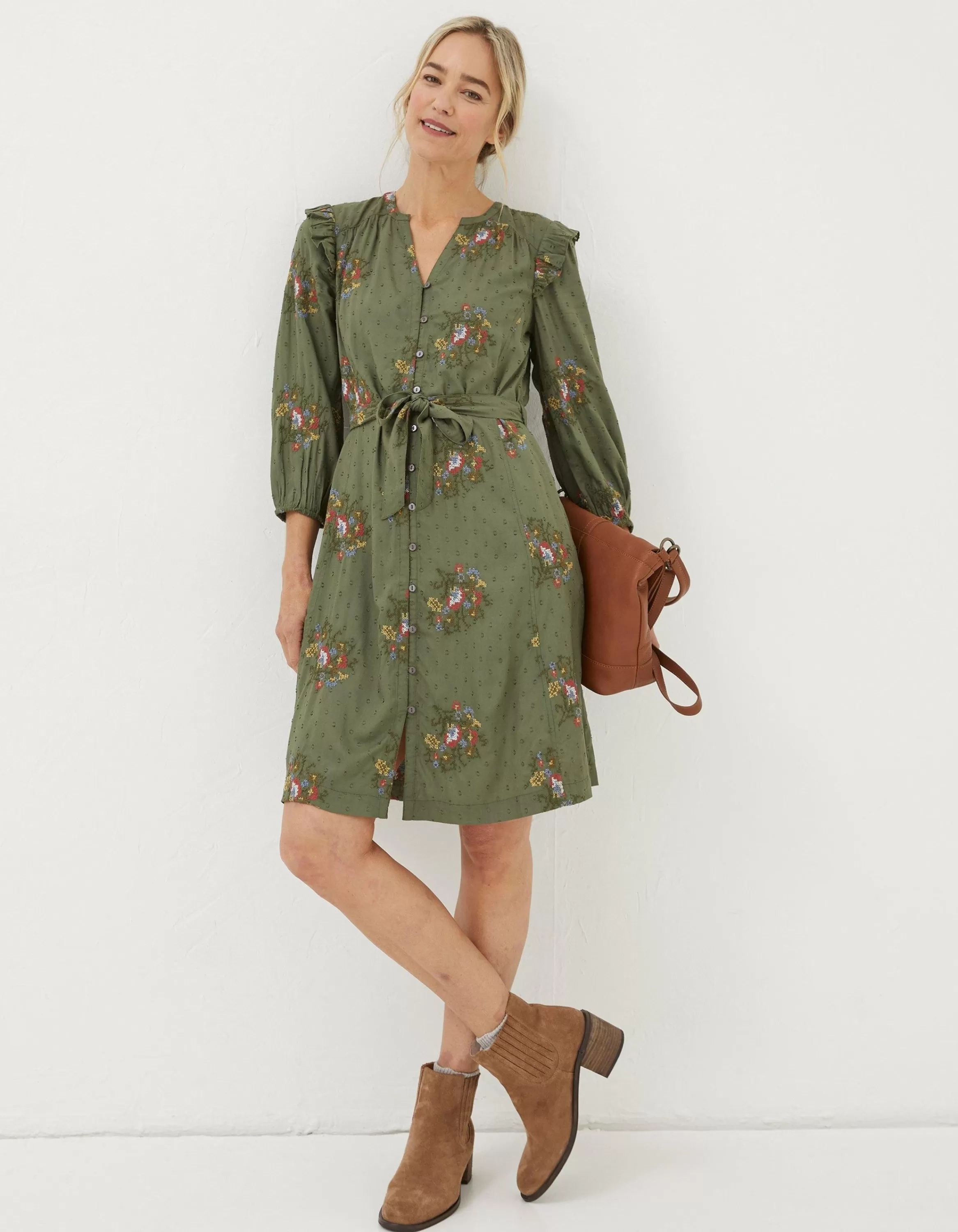 Best FatFace Bernie Embroidered Shirt Dress Light Olive