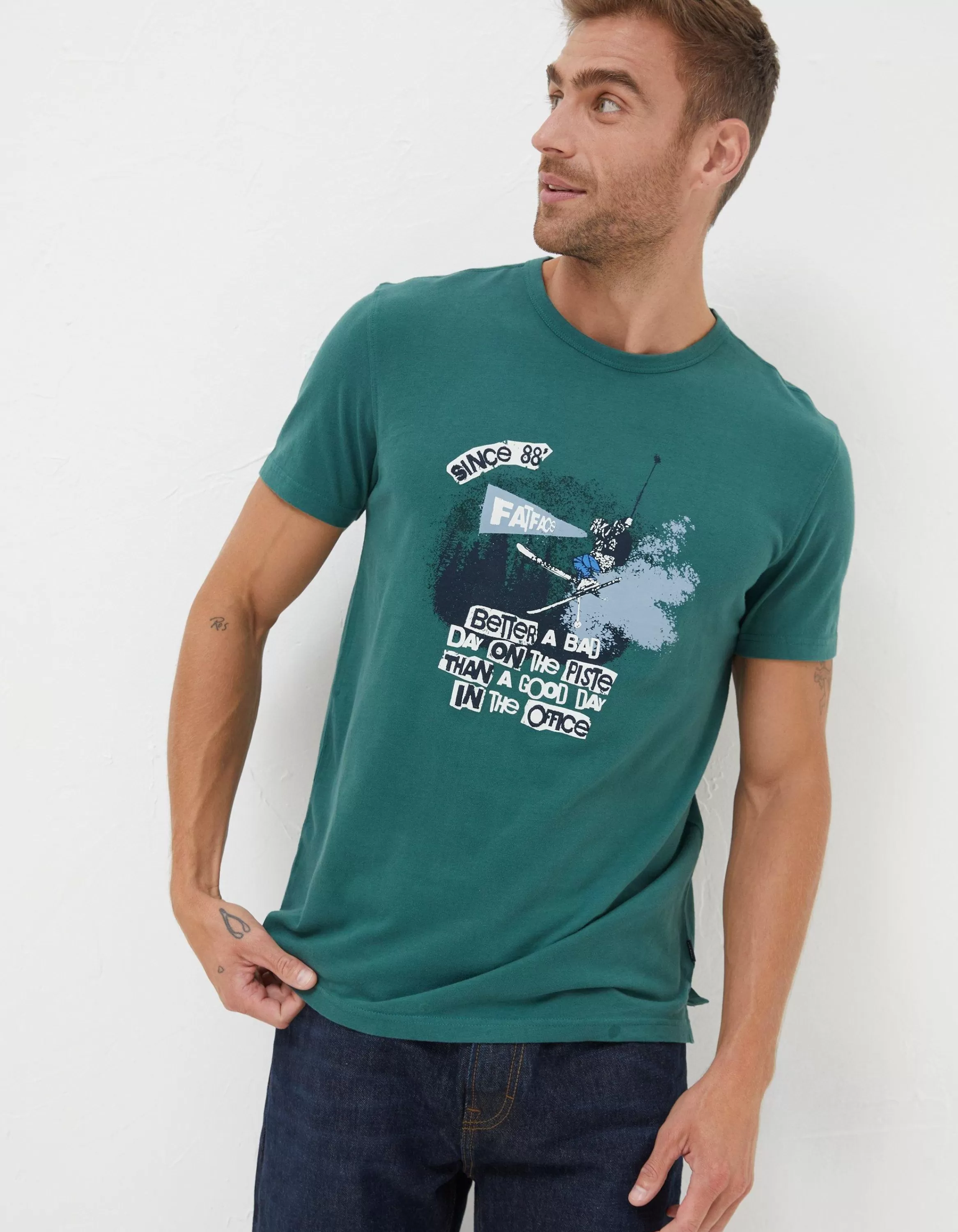 Cheap FatFace Better A Bad Day Ski T Shirt Green