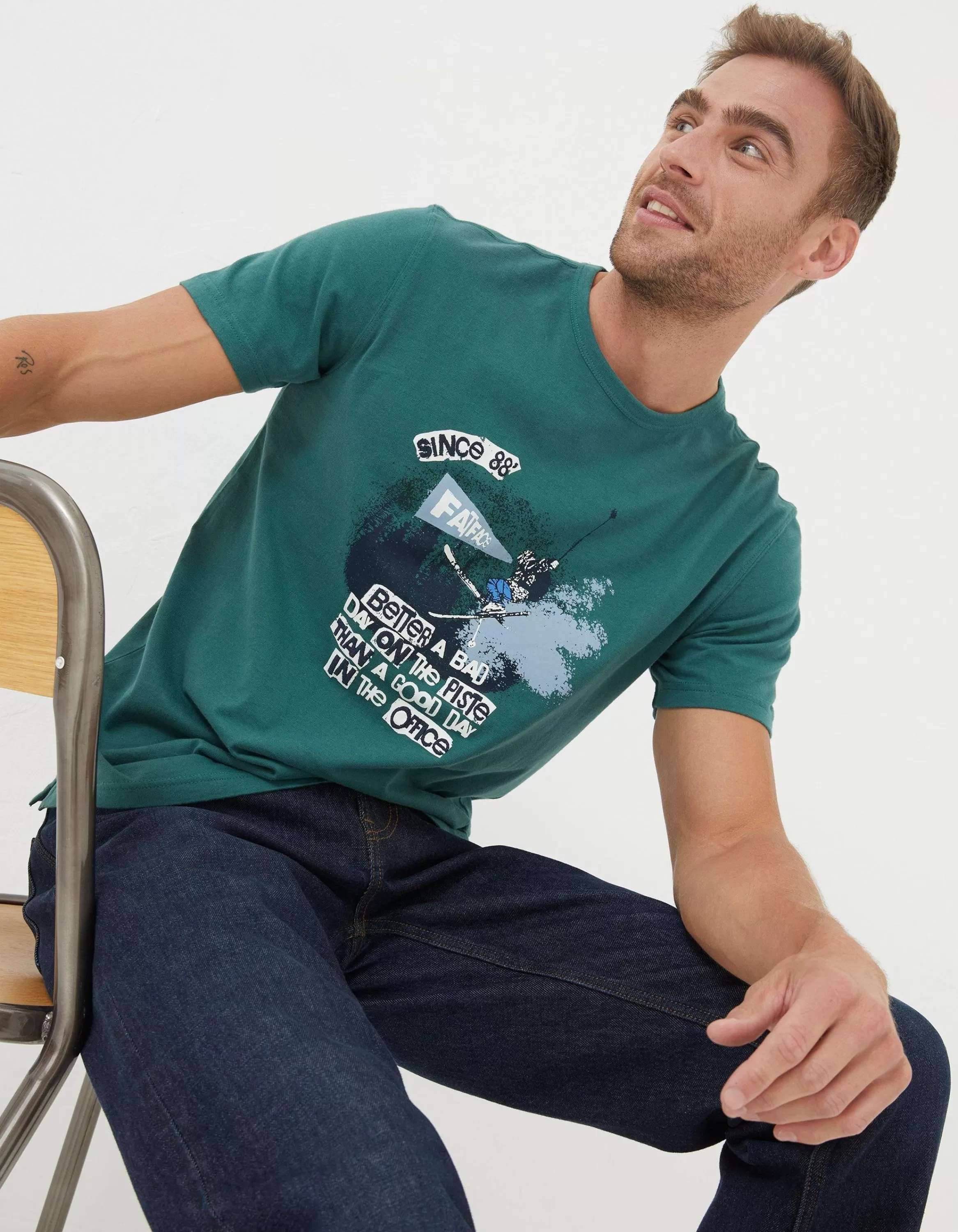 Cheap FatFace Better A Bad Day Ski T Shirt Green