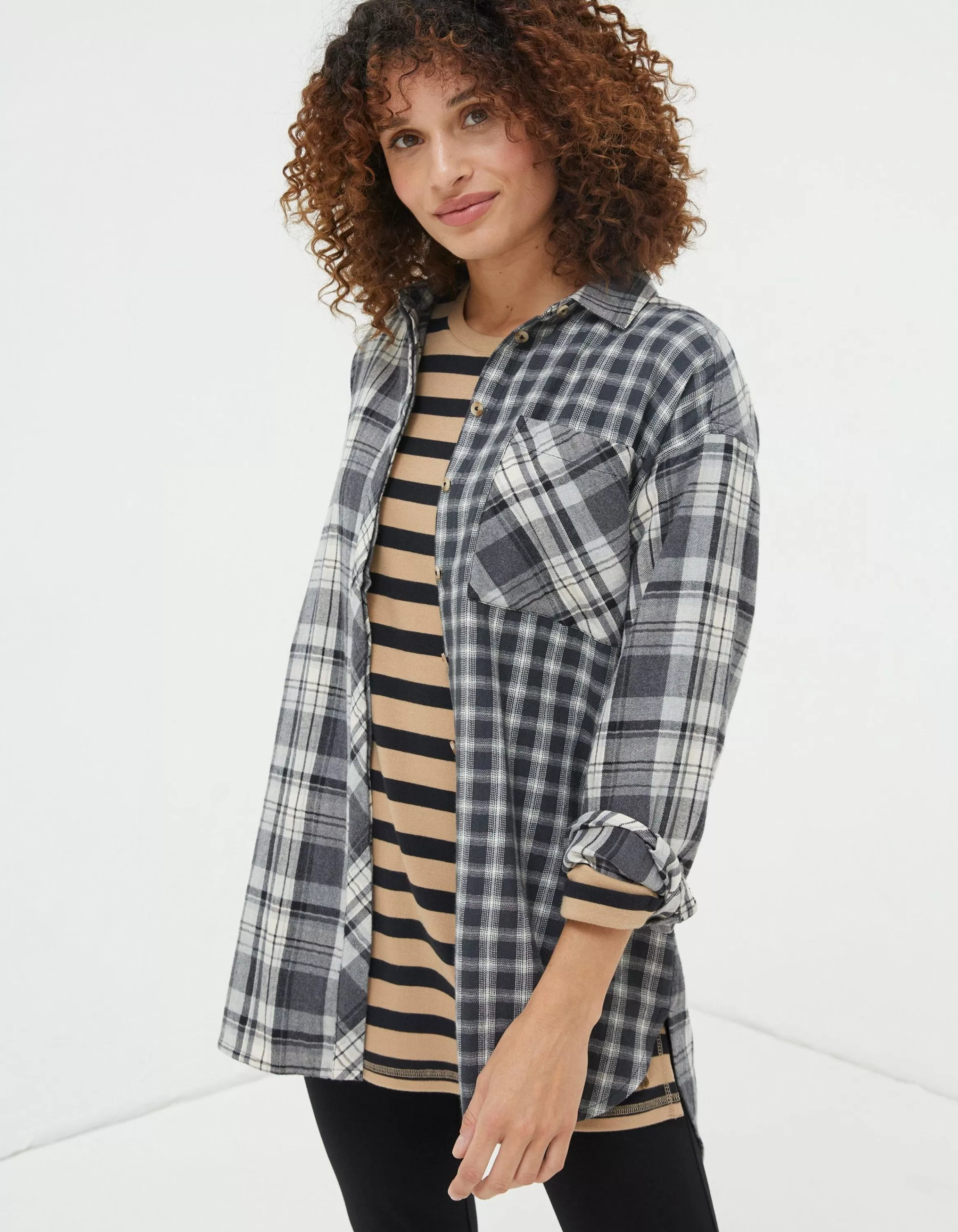 Cheap FatFace Billie Longline Check Shirt Dark Grey