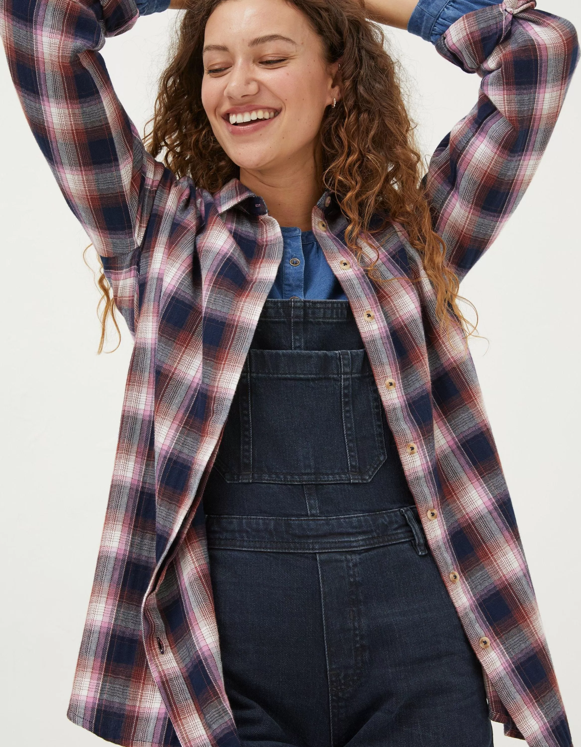 Cheap FatFace Billie Longline Check Shirt Navy