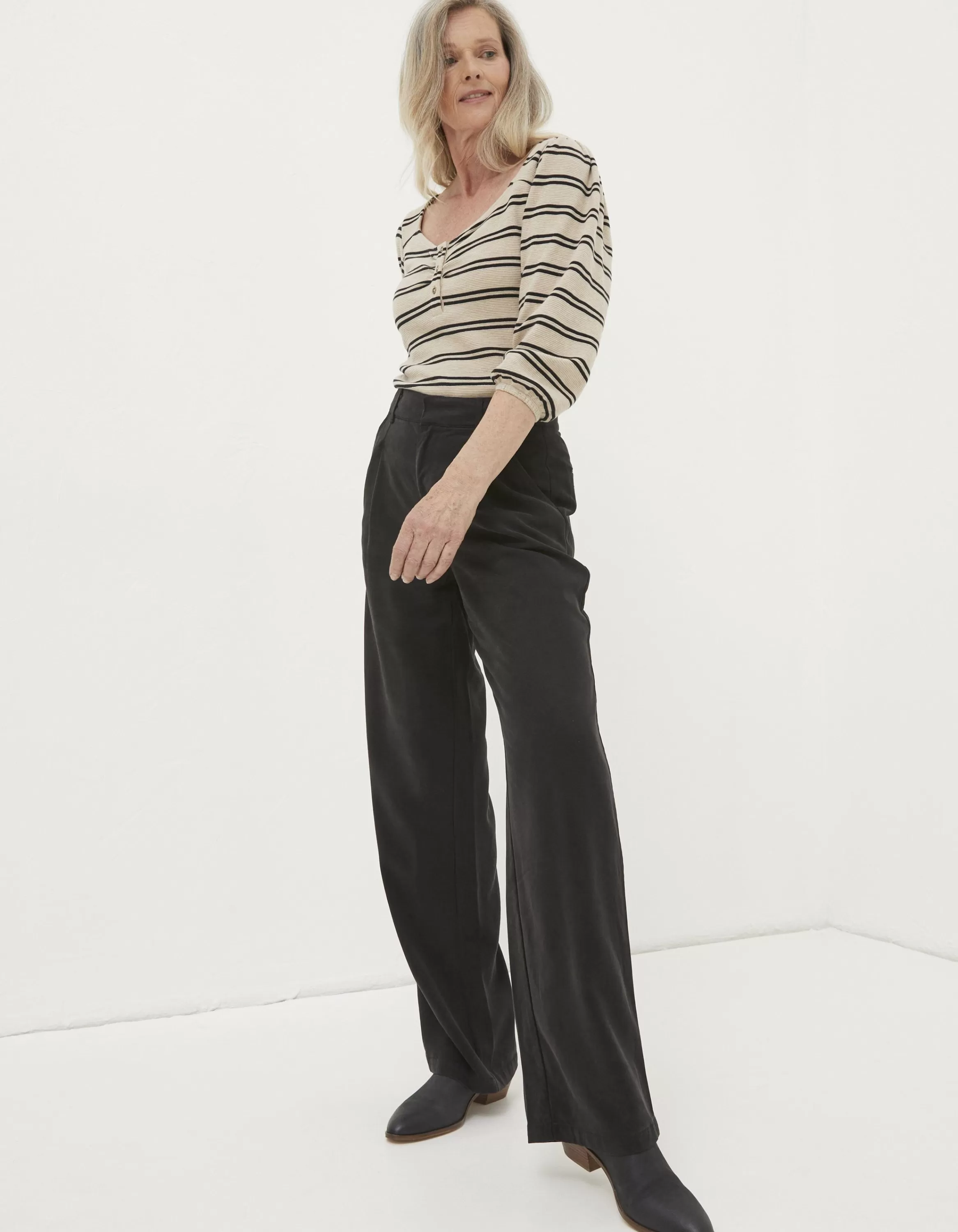 Sale FatFace Blake Wide Leg Drape Trousers Washed Black