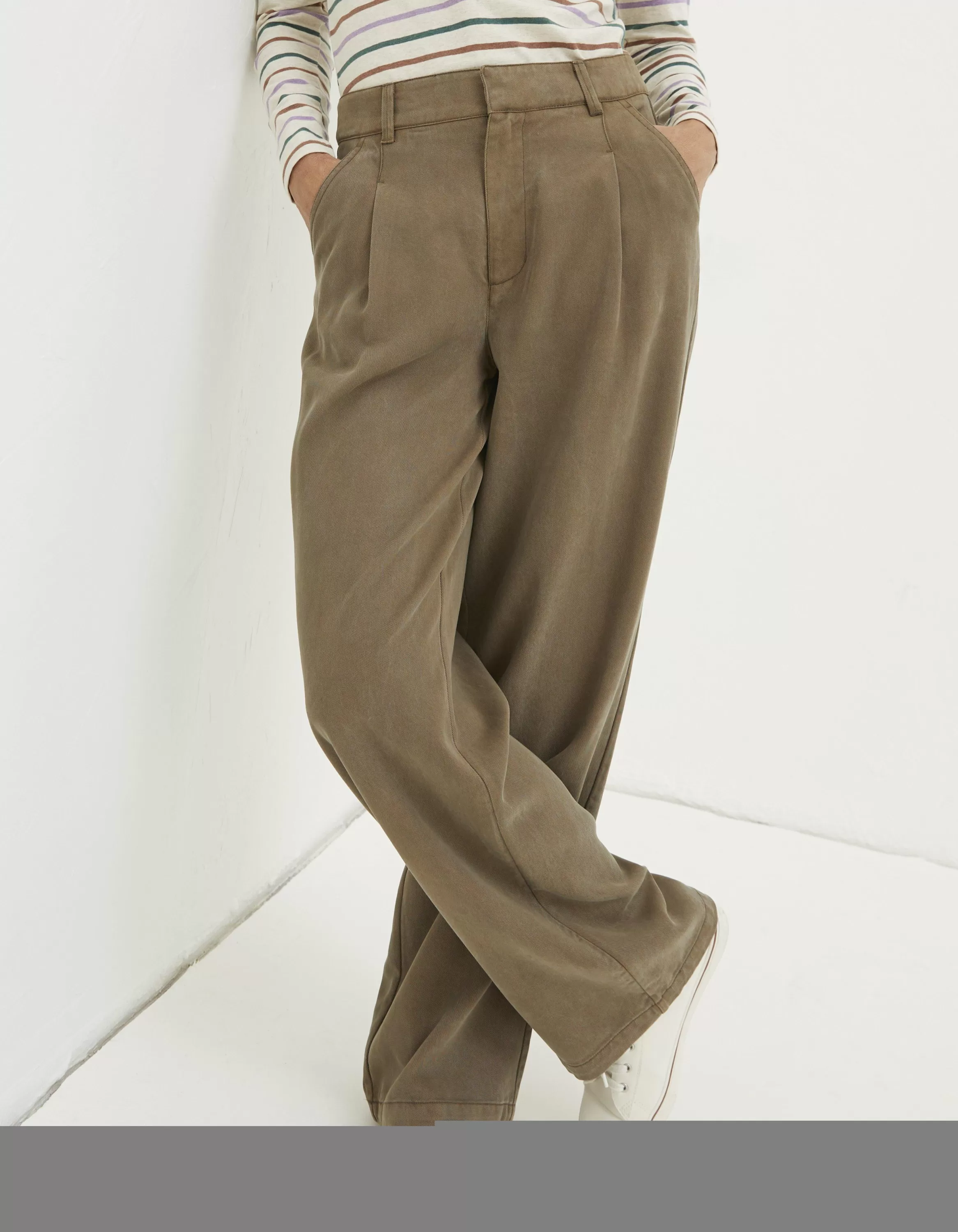 Clearance FatFace Blake Wide Leg Drape Trousers Khaki Green