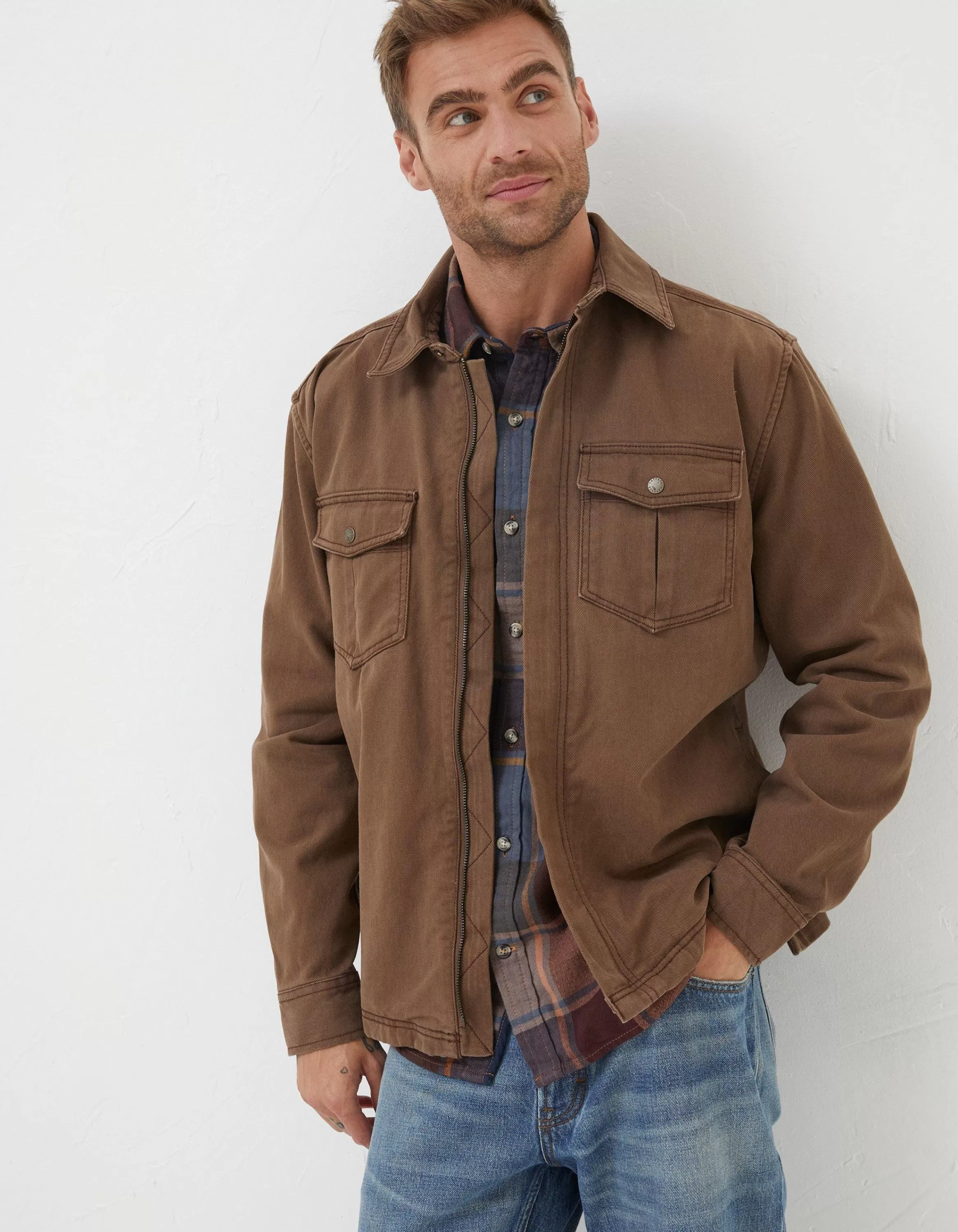 Shop FatFace Bowd Zip Front Overshirt Washed Brown