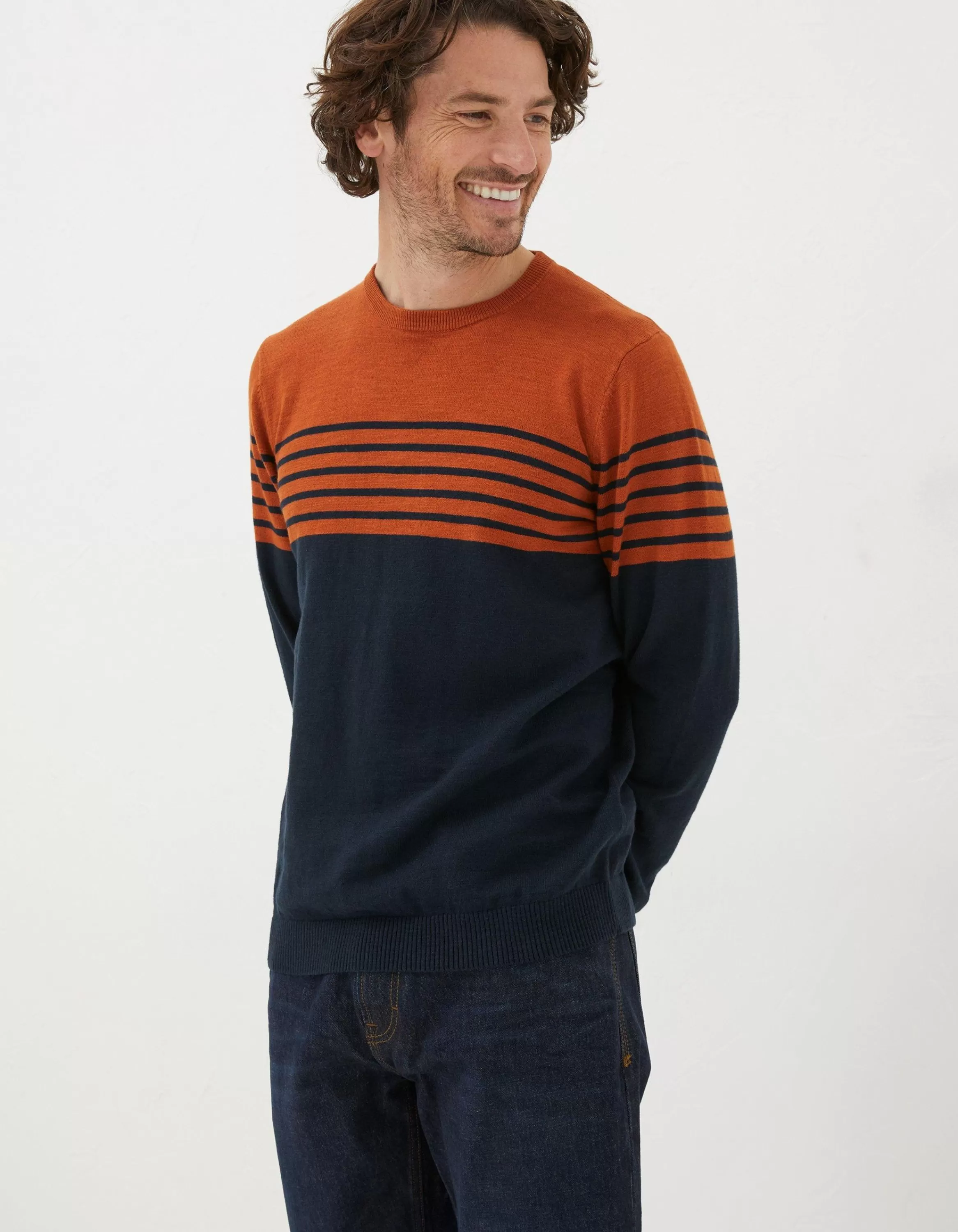 Hot FatFace Braunton Stripe Crew Jumper Orange