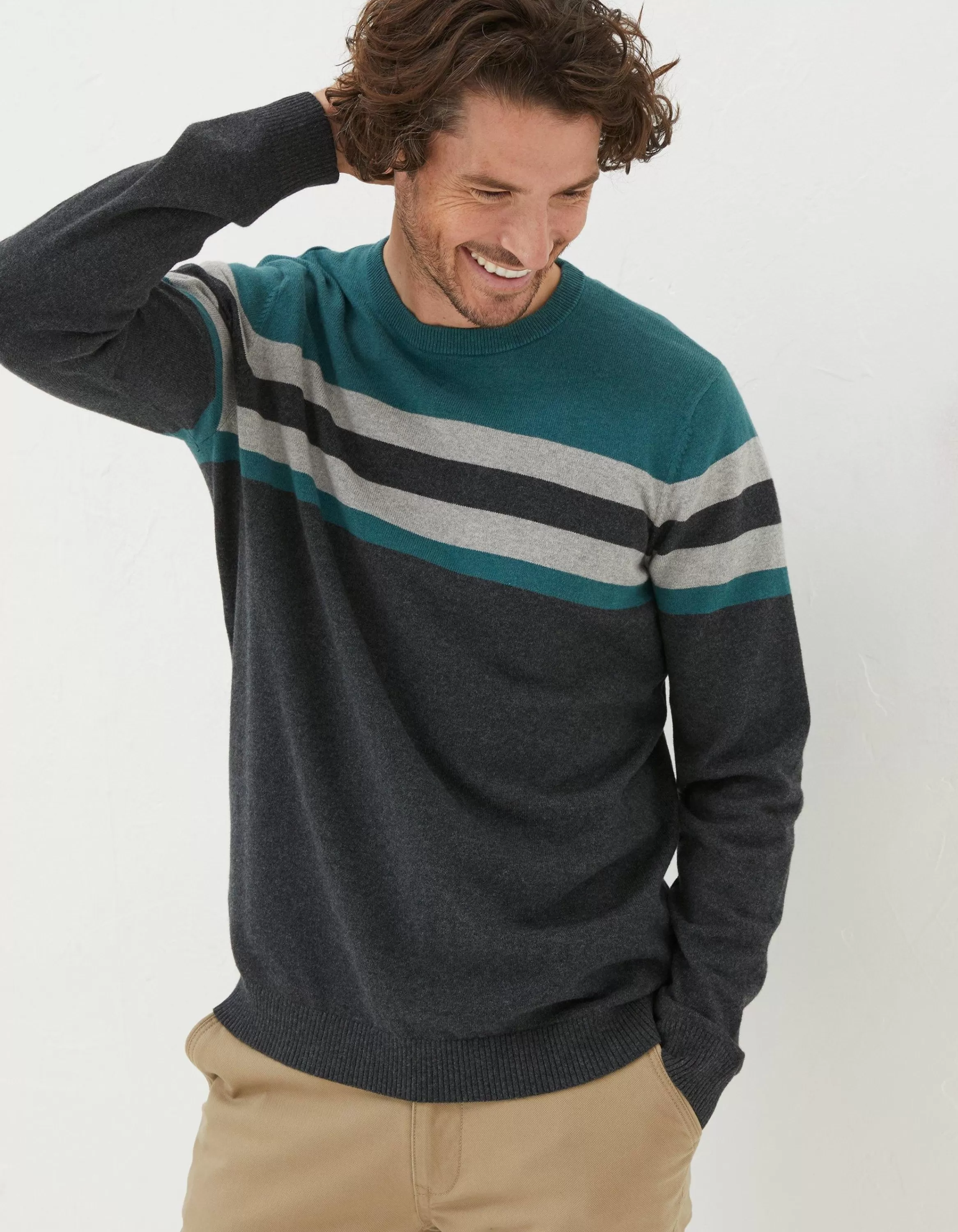 Cheap FatFace Braunton Yoke Stripe Jumper Teal Green