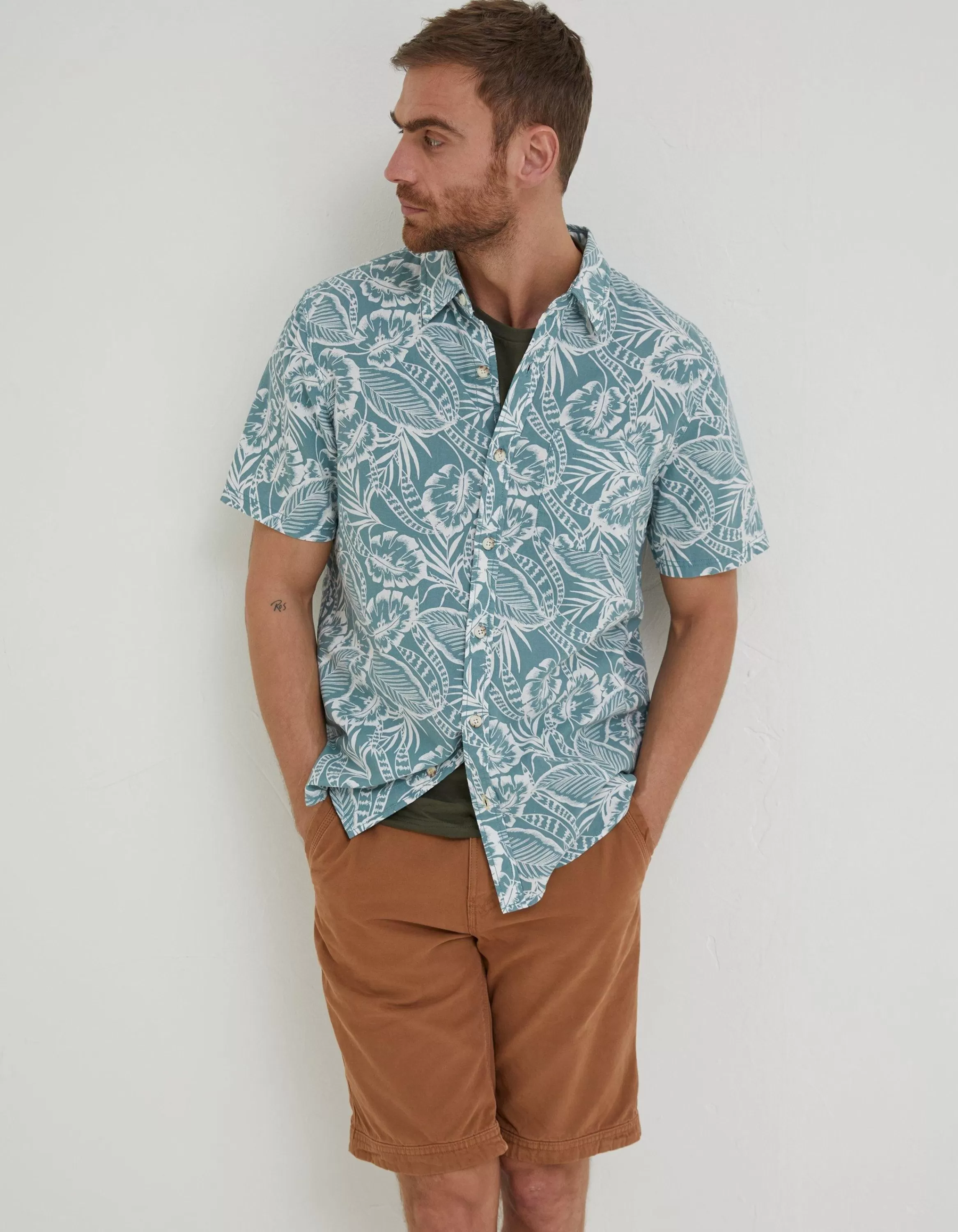 Shop FatFace Bugle Palm Print Shirt Teal Green