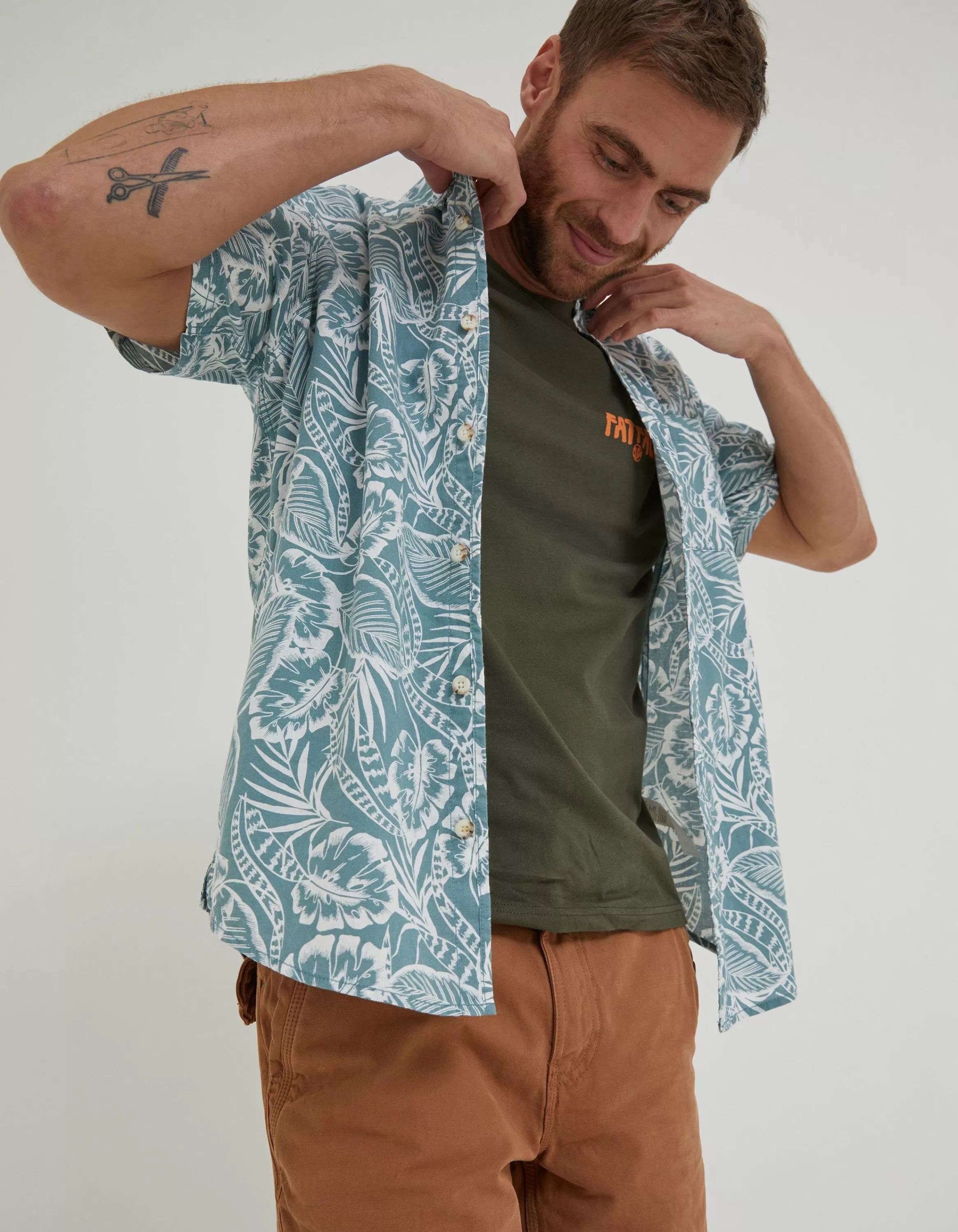 Shop FatFace Bugle Palm Print Shirt Teal Green