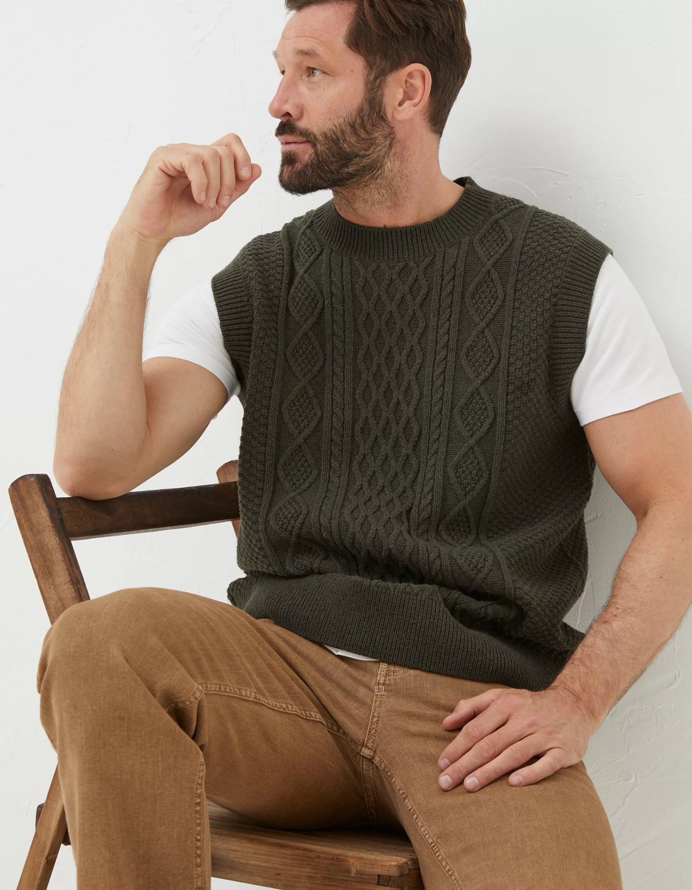 Best FatFace Carter Cable Knitted Tank Khaki Green