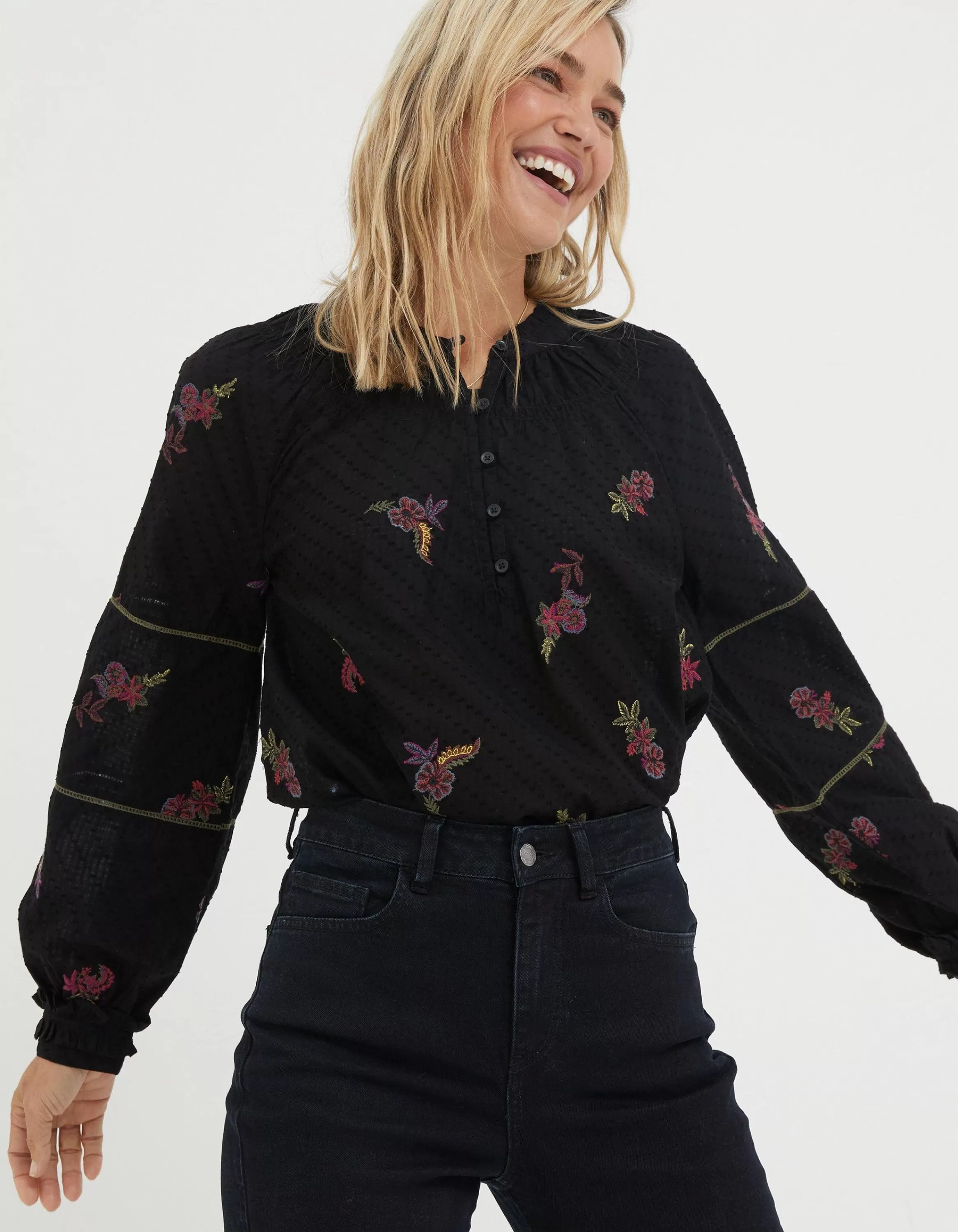 Cheap FatFace Chessie Embroidered Blouse Black