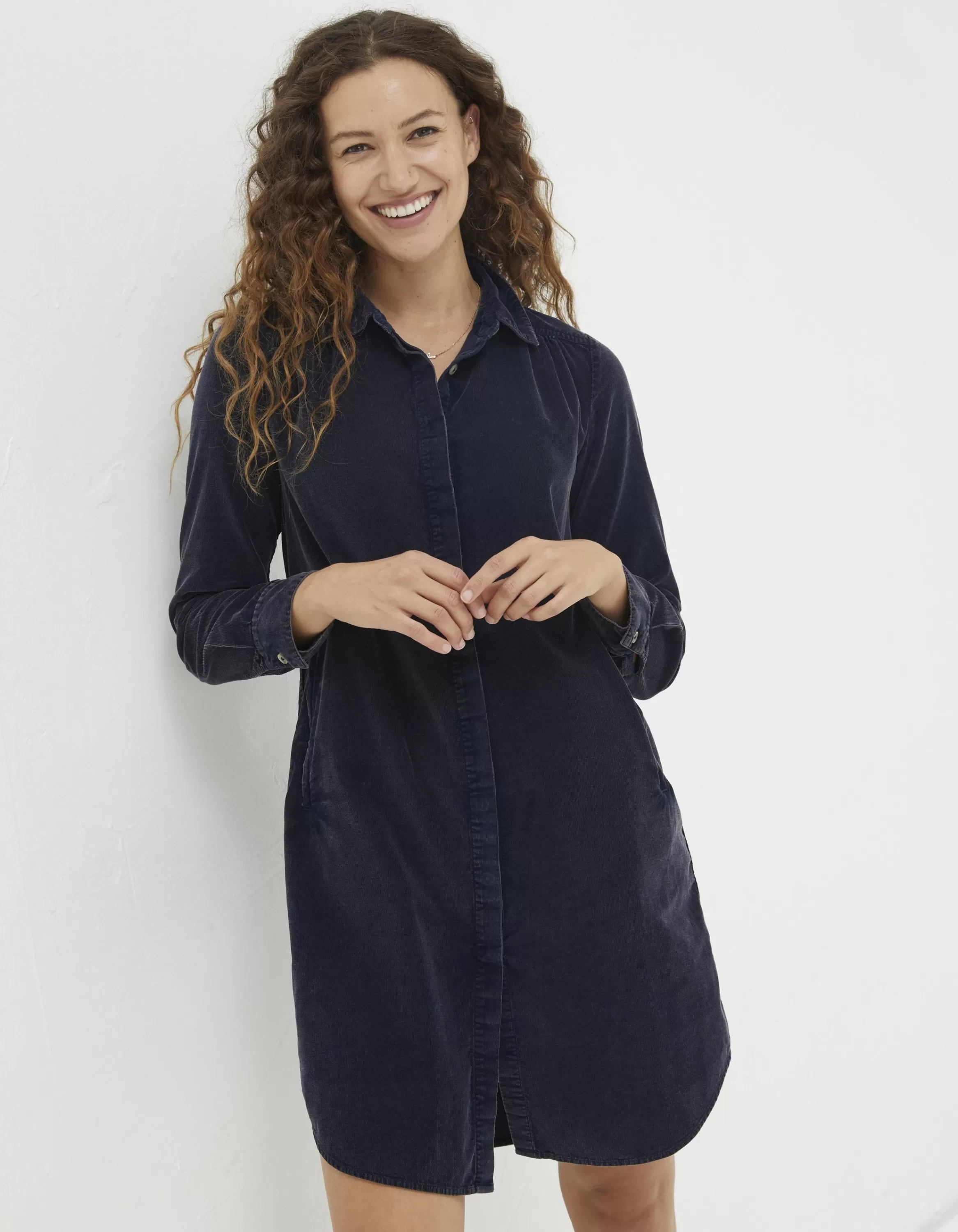 Online FatFace Chester Cord Shirt Dress Dark Navy