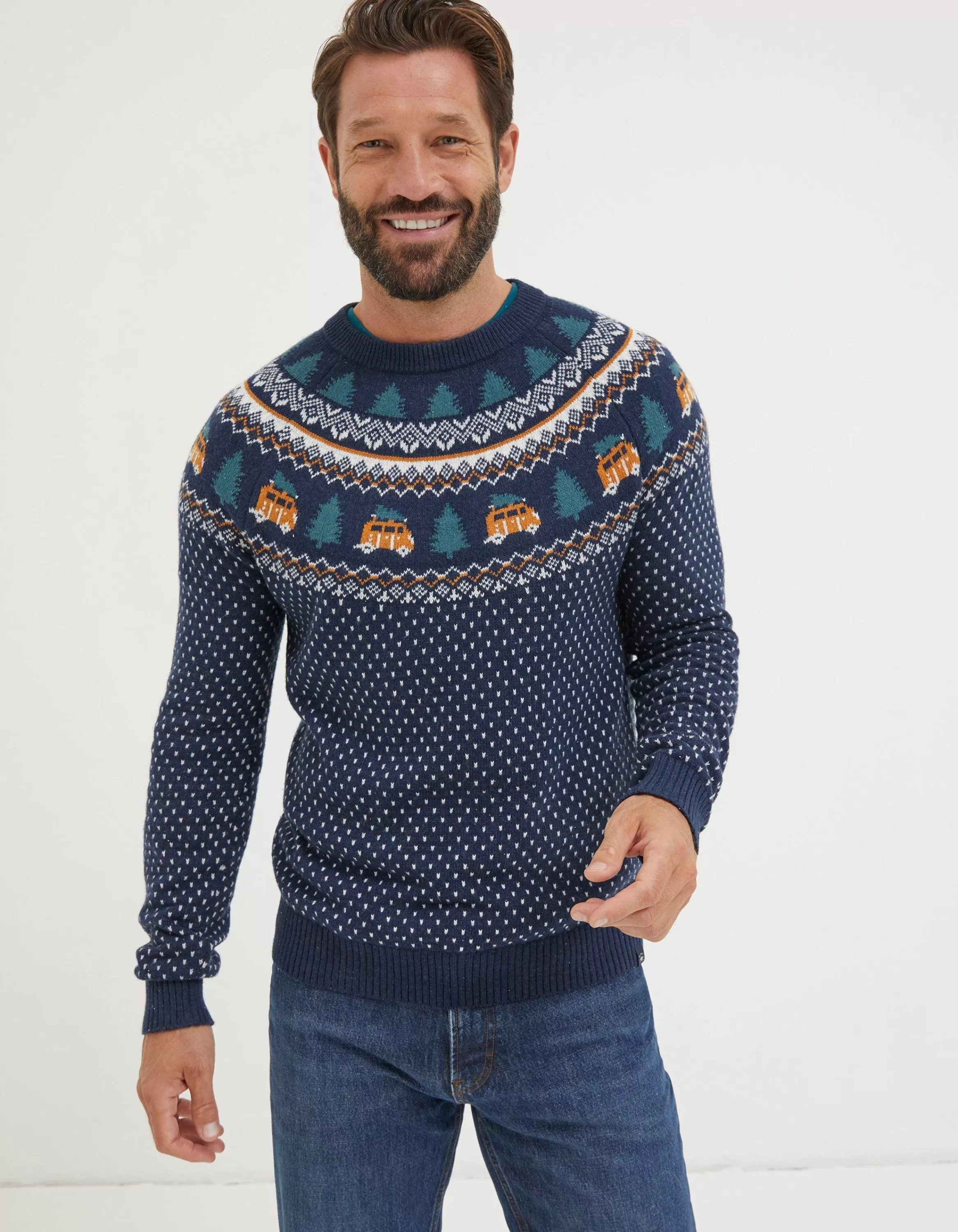 Online FatFace Christmas Campervan Fairisle Jumper Navy