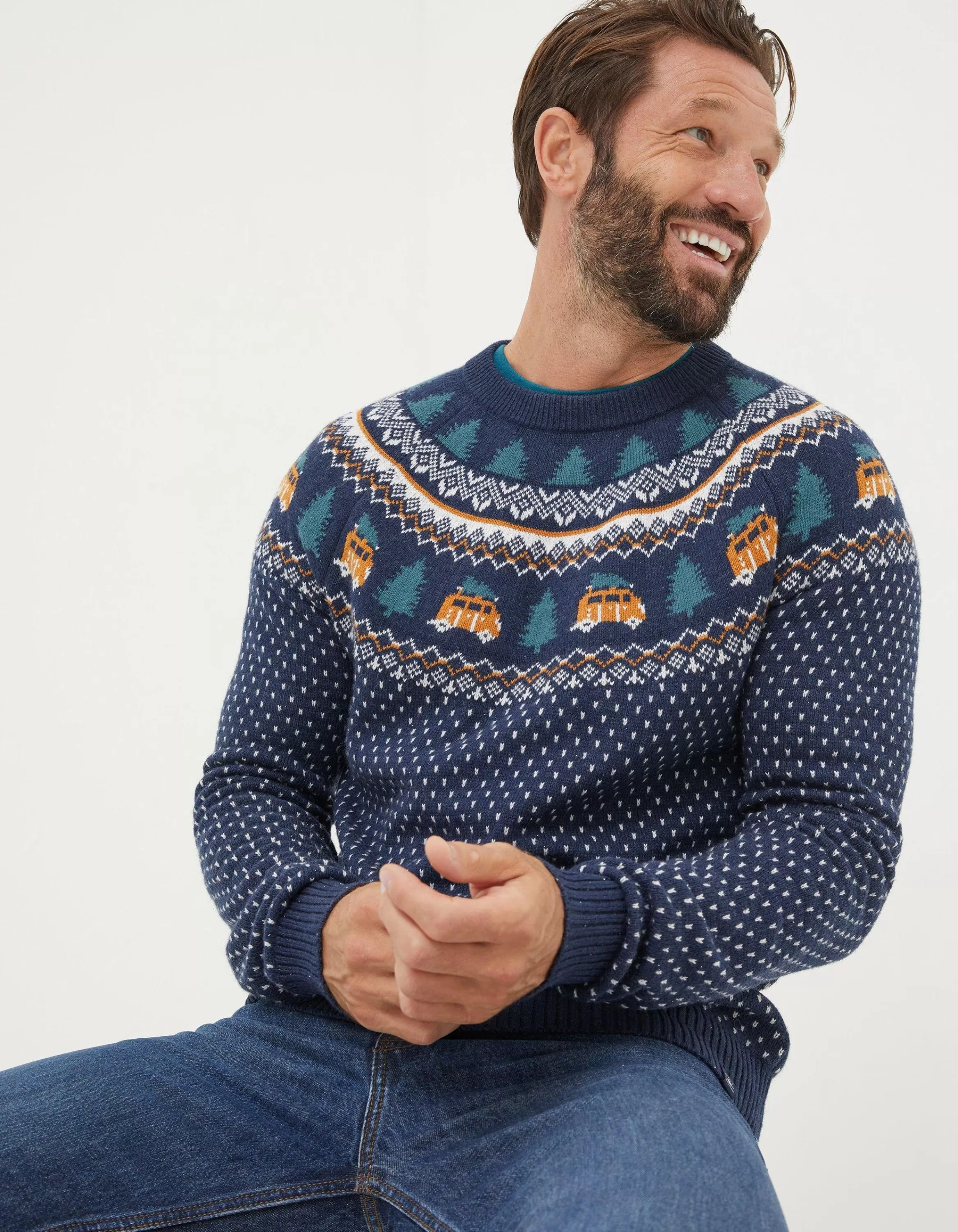 Online FatFace Christmas Campervan Fairisle Jumper Navy