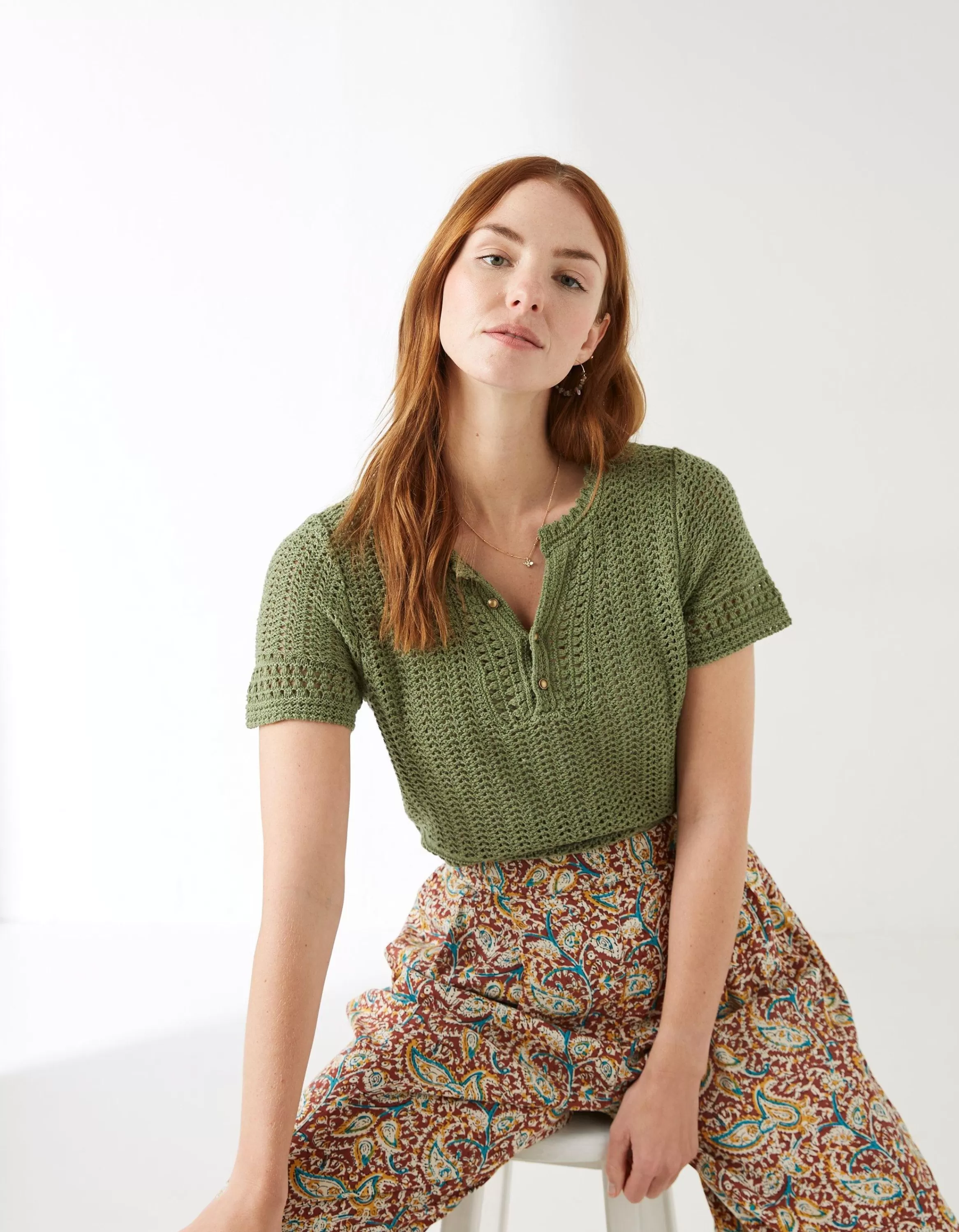 Cheap FatFace Clara Crochet Top Mid Green