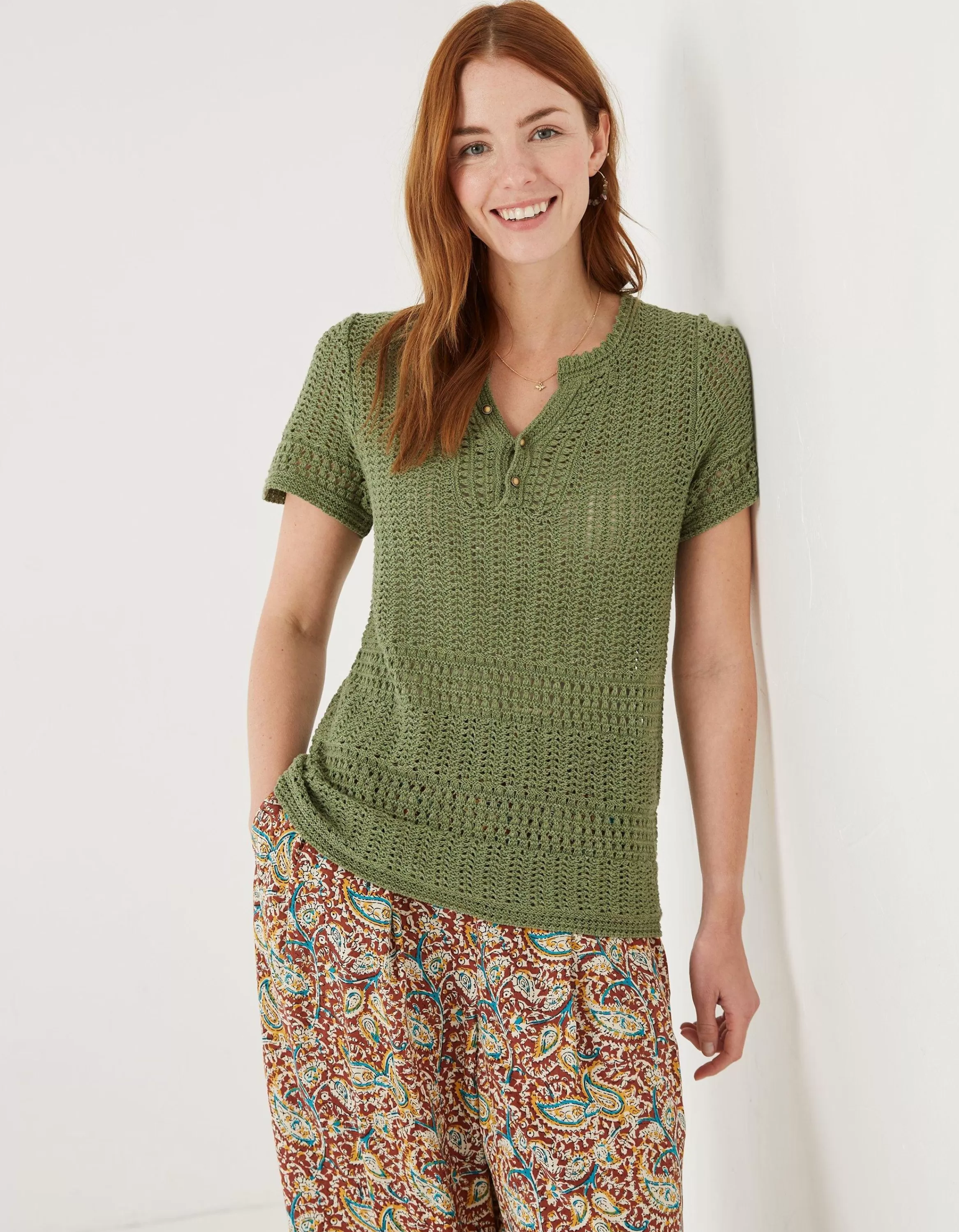 Cheap FatFace Clara Crochet Top Mid Green