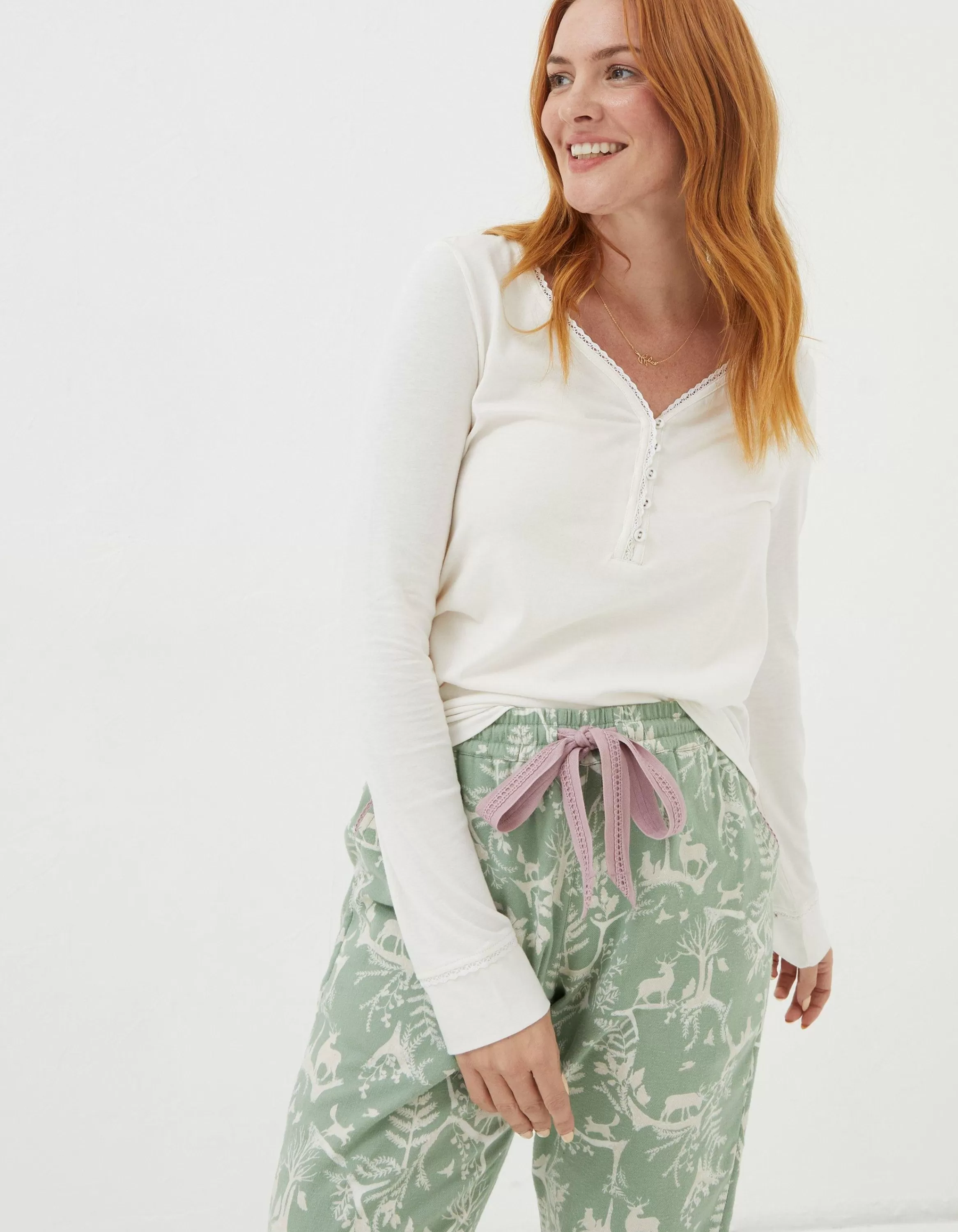 Online FatFace Cora Forest Scapes Pyjama Bottoms Sage Green