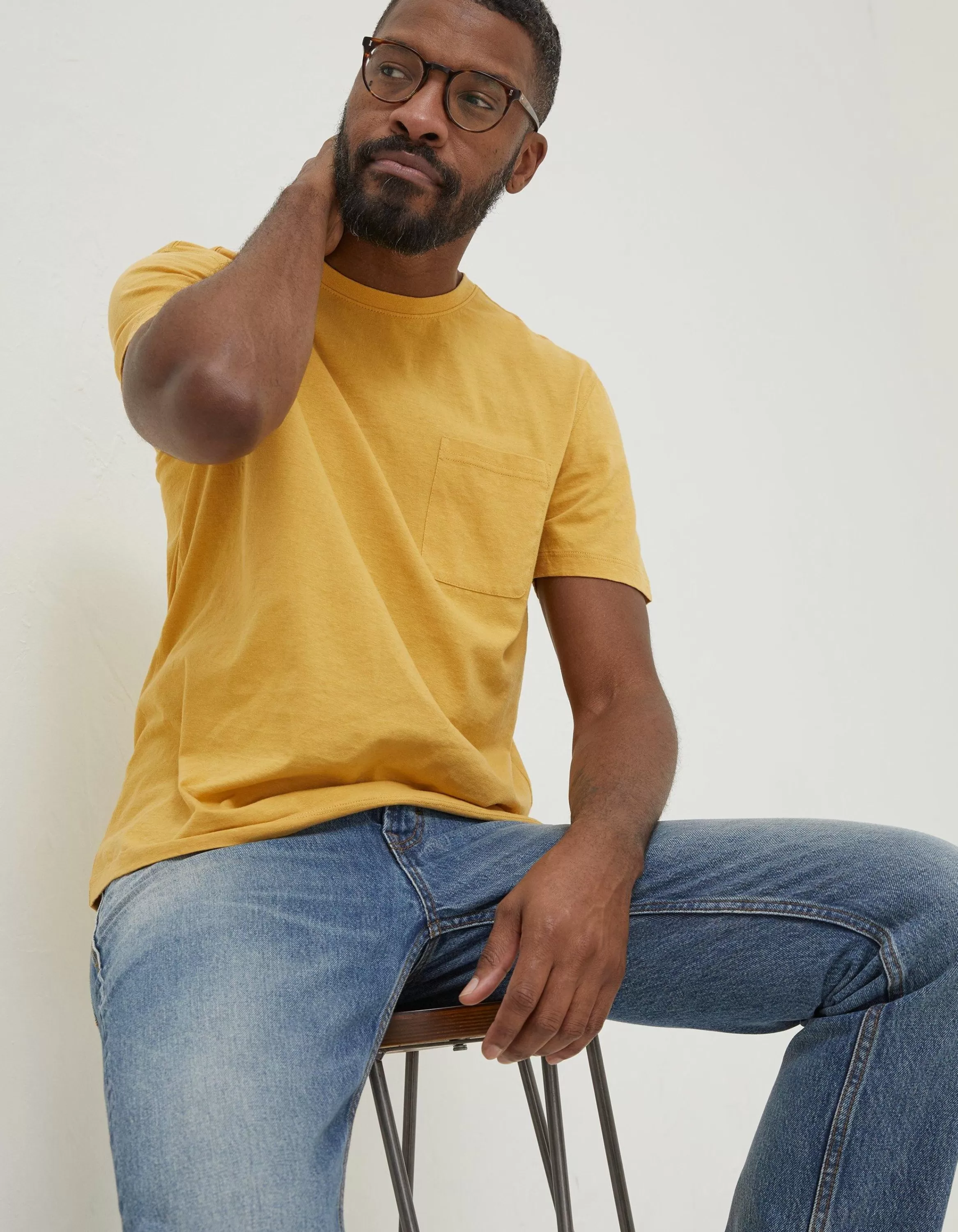 Sale FatFace Cotton Linen Pocket T-Shirt Yellow