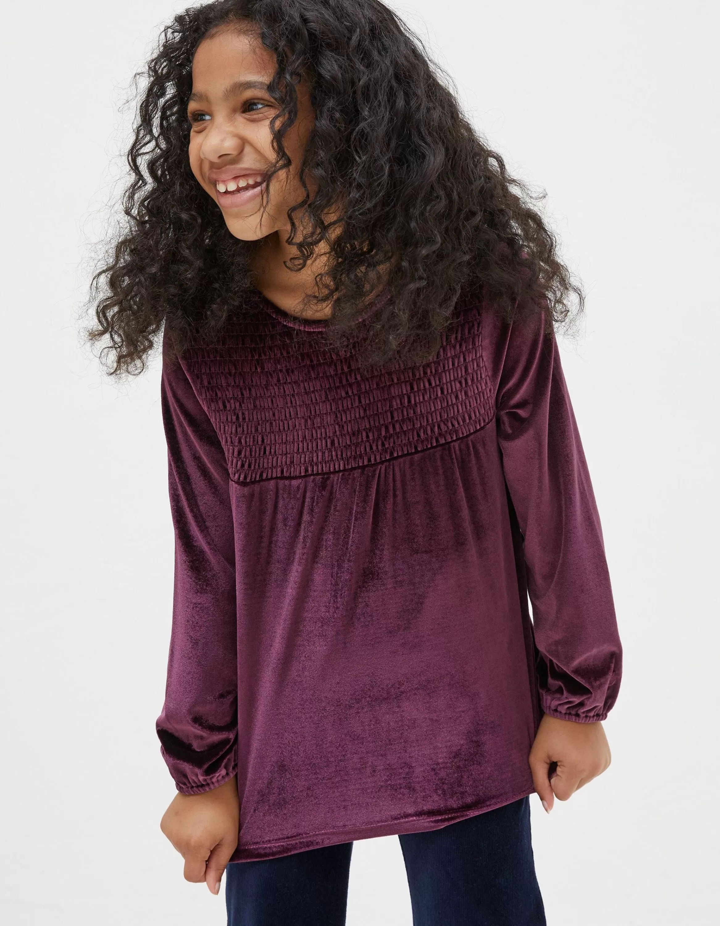 New FatFace Darcey Velvet Smocked Top Plum